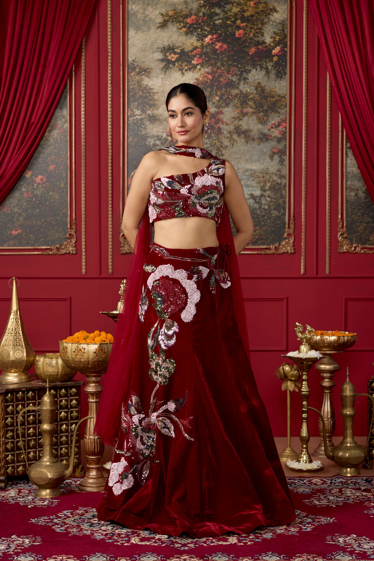 Deep Maroon Embellished Velvet Lehenga Set