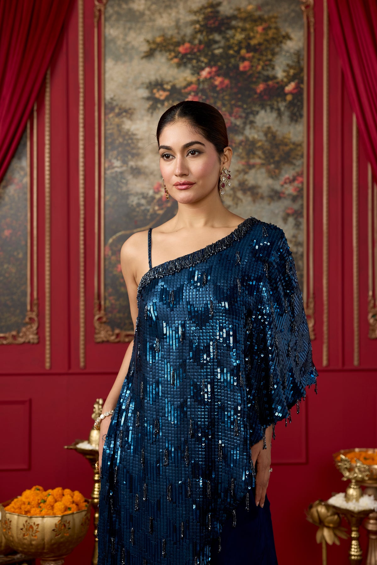 Peacock Blue Embellished Crepe Satin Silk Palazzo Set