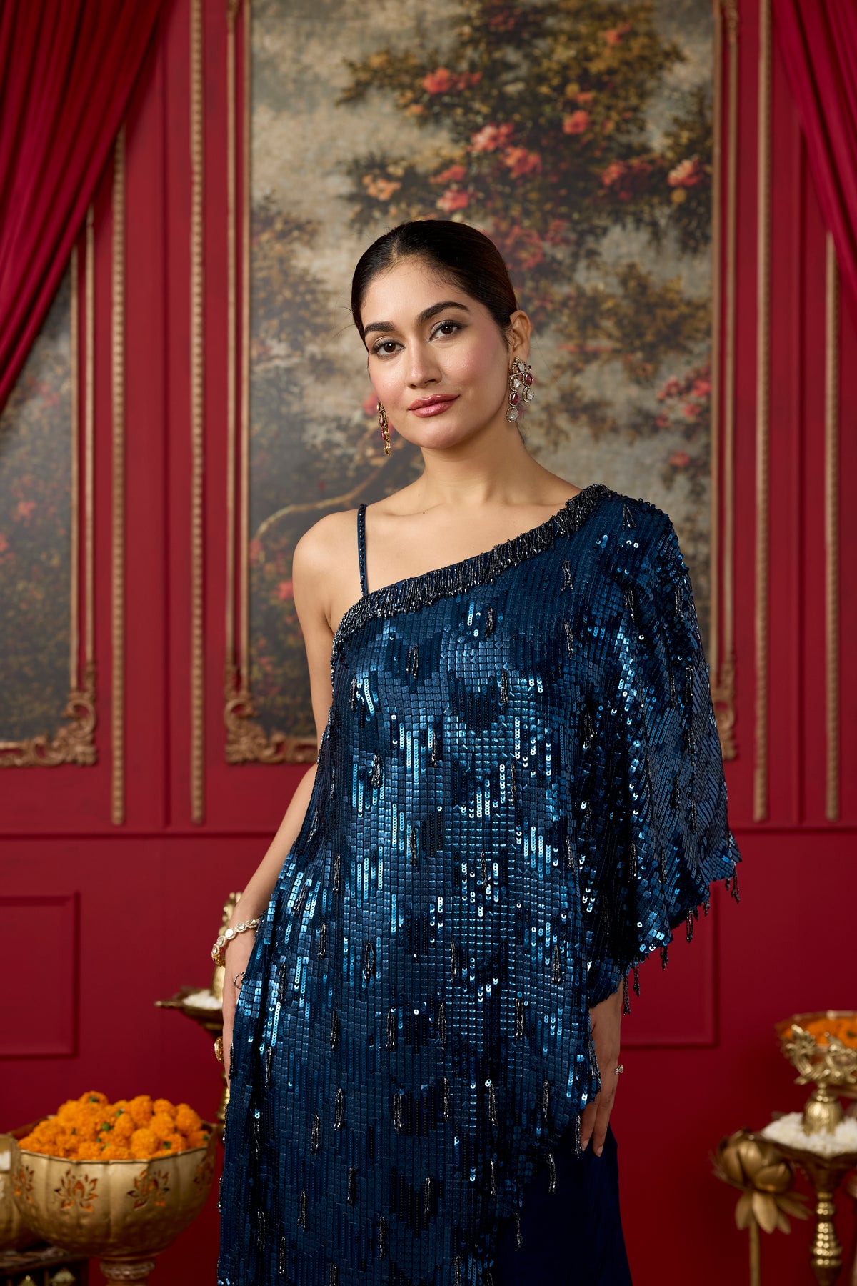 Peacock Blue Embellished Crepe Satin Silk Palazzo Set