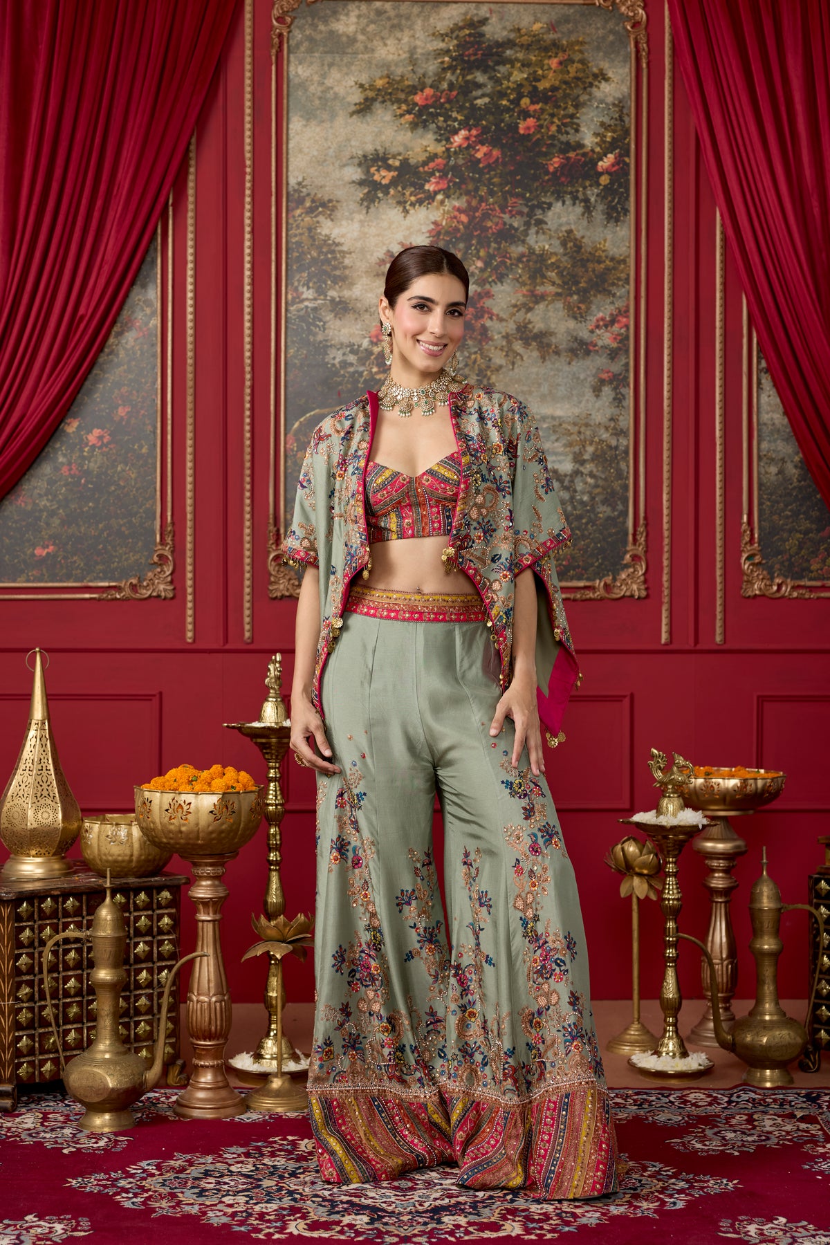 Sage Green Embellished Raw Silk Palazzo Set