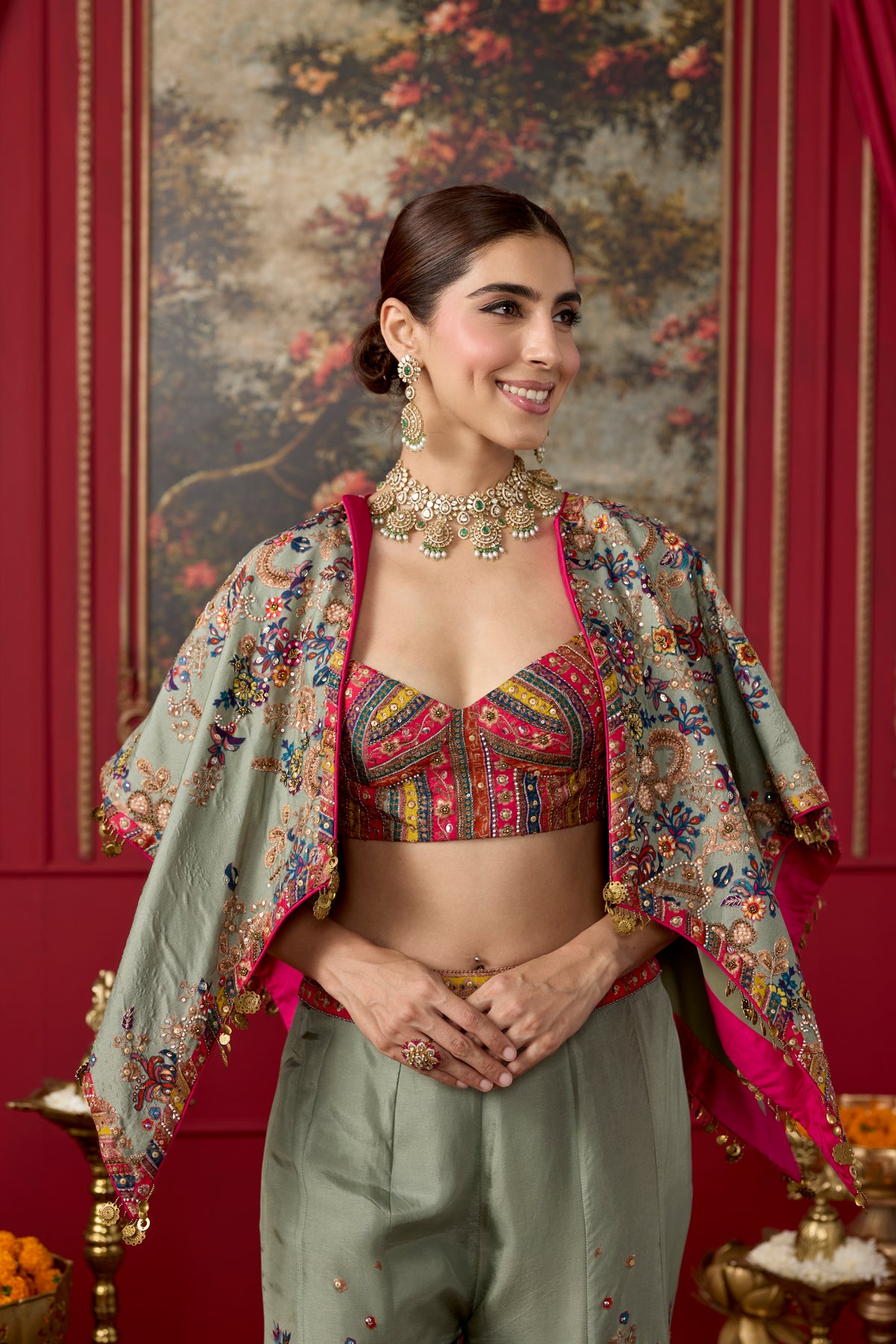 Sage Green Embellished Raw Silk Palazzo Set