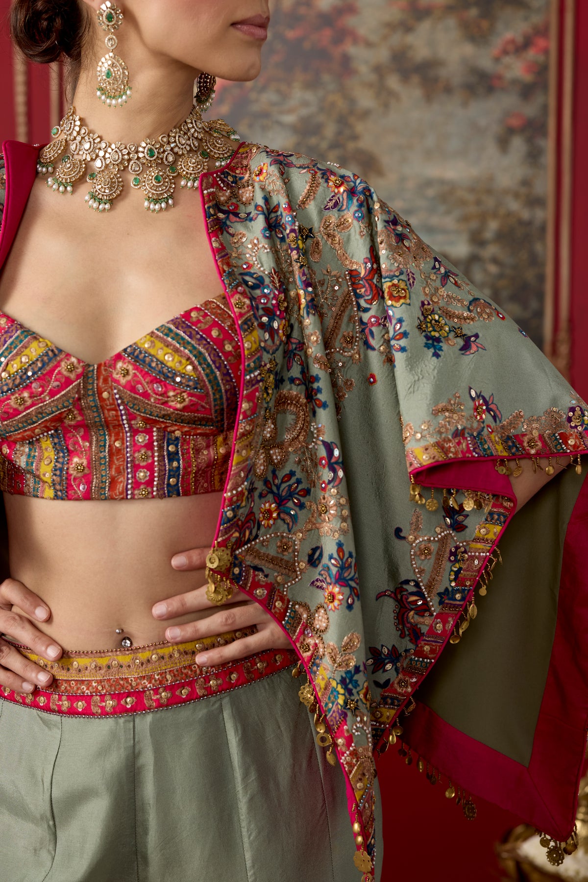 Sage Green Embellished Raw Silk Palazzo Set