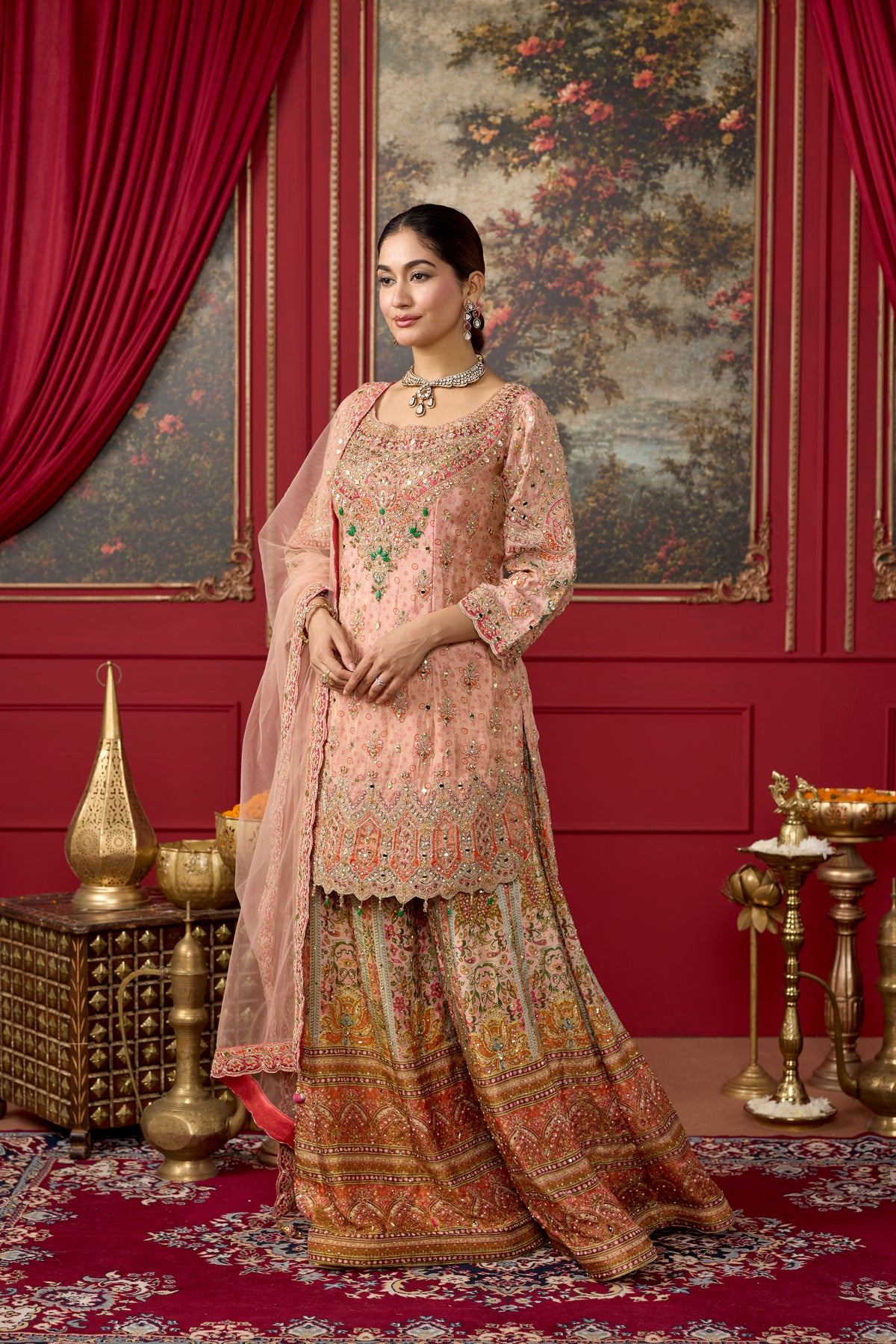 Coral Peach Embellished Shimmer Silk Palazzo Set