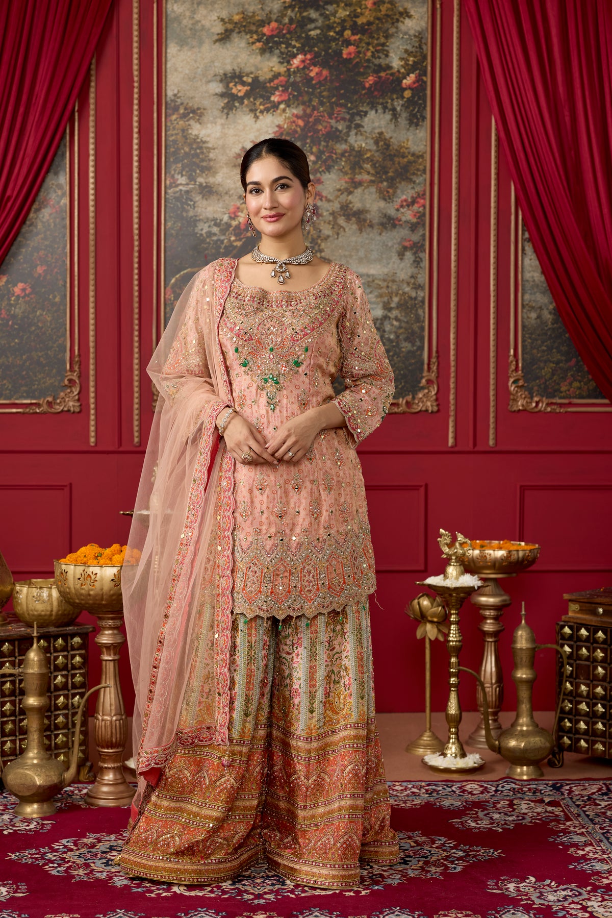 Coral Peach Embellished Shimmer Silk Palazzo Set