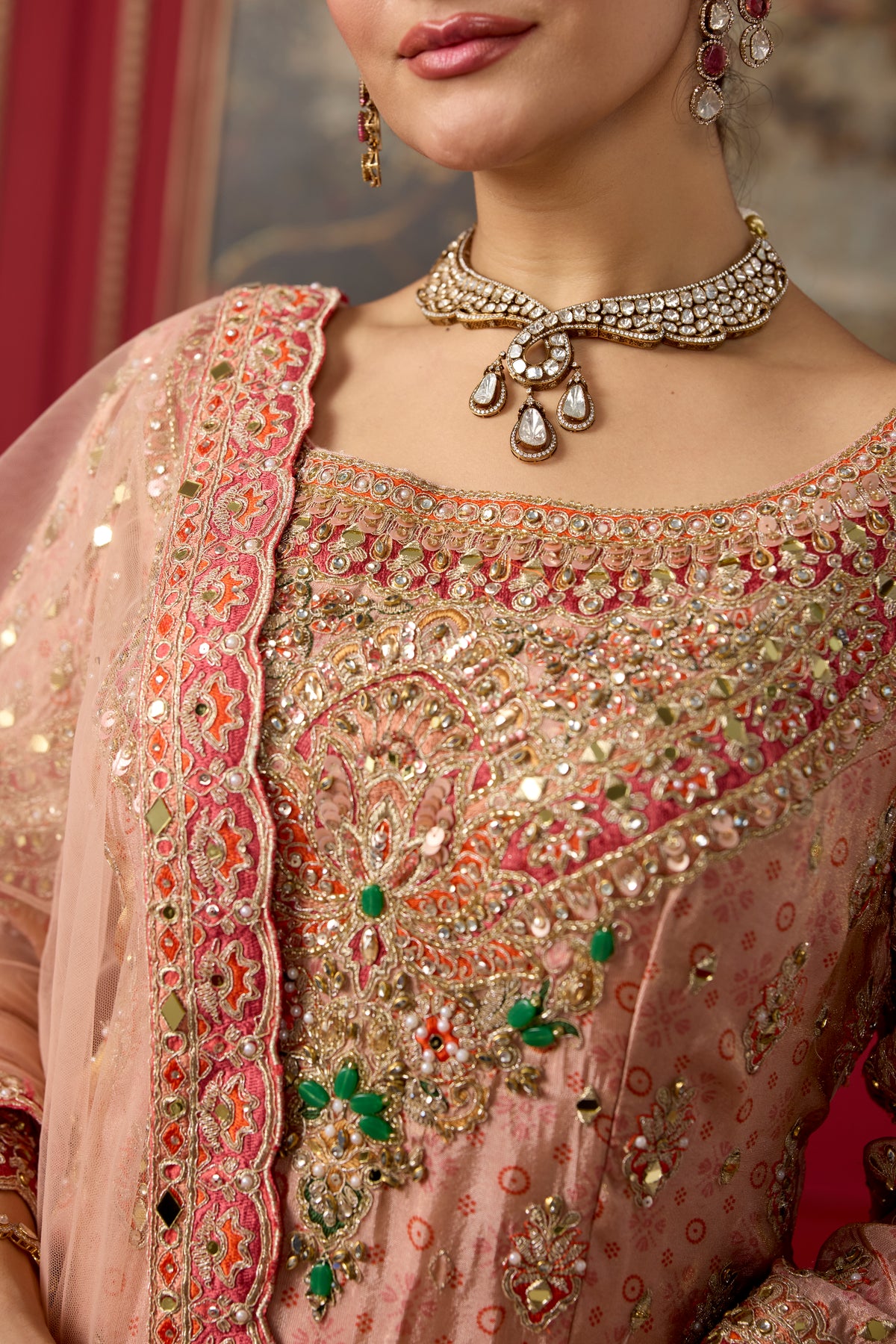 Coral Peach Embellished Shimmer Silk Palazzo Set