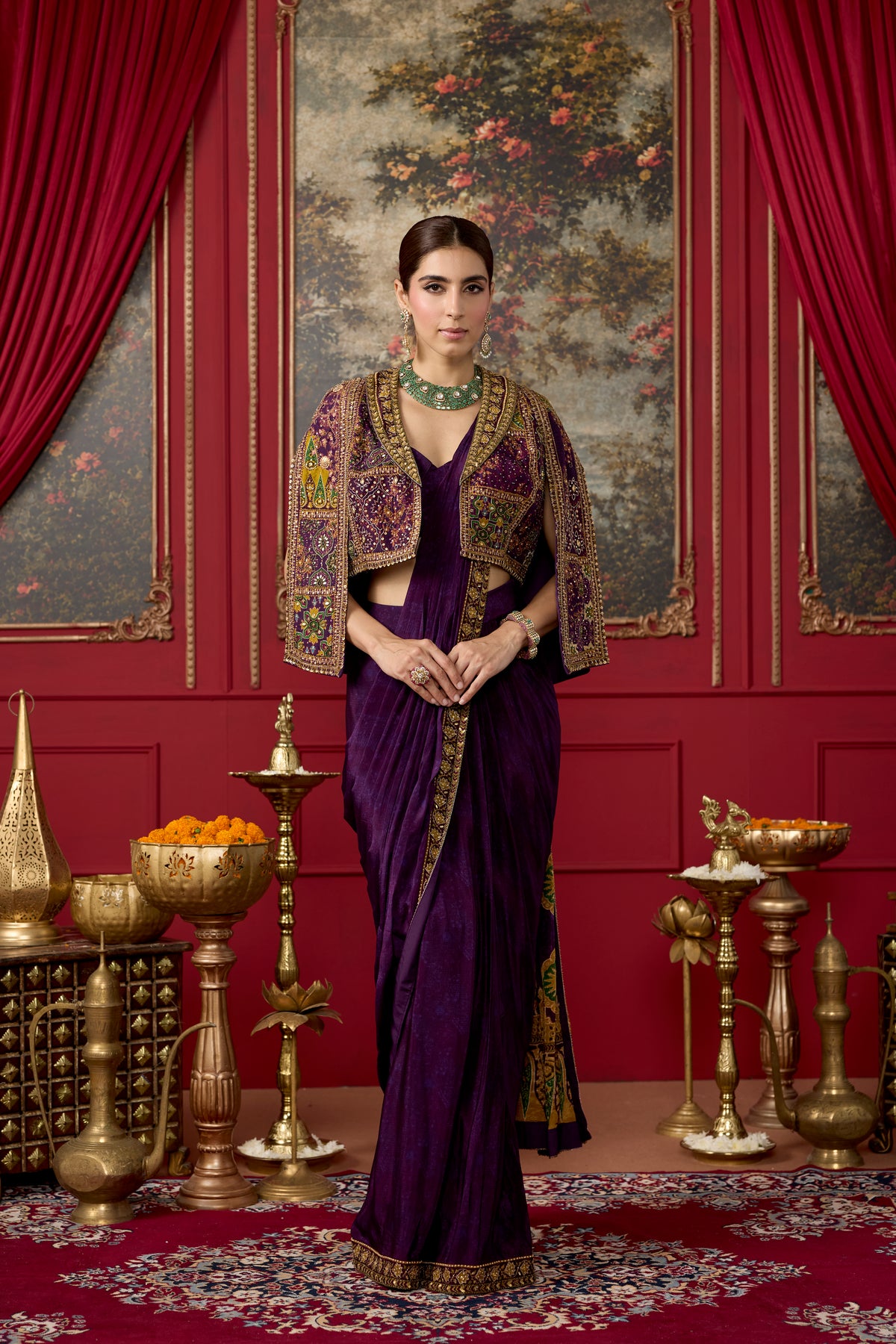 Deep Purple Embellished Chinon Silk Draped Skirt Saree