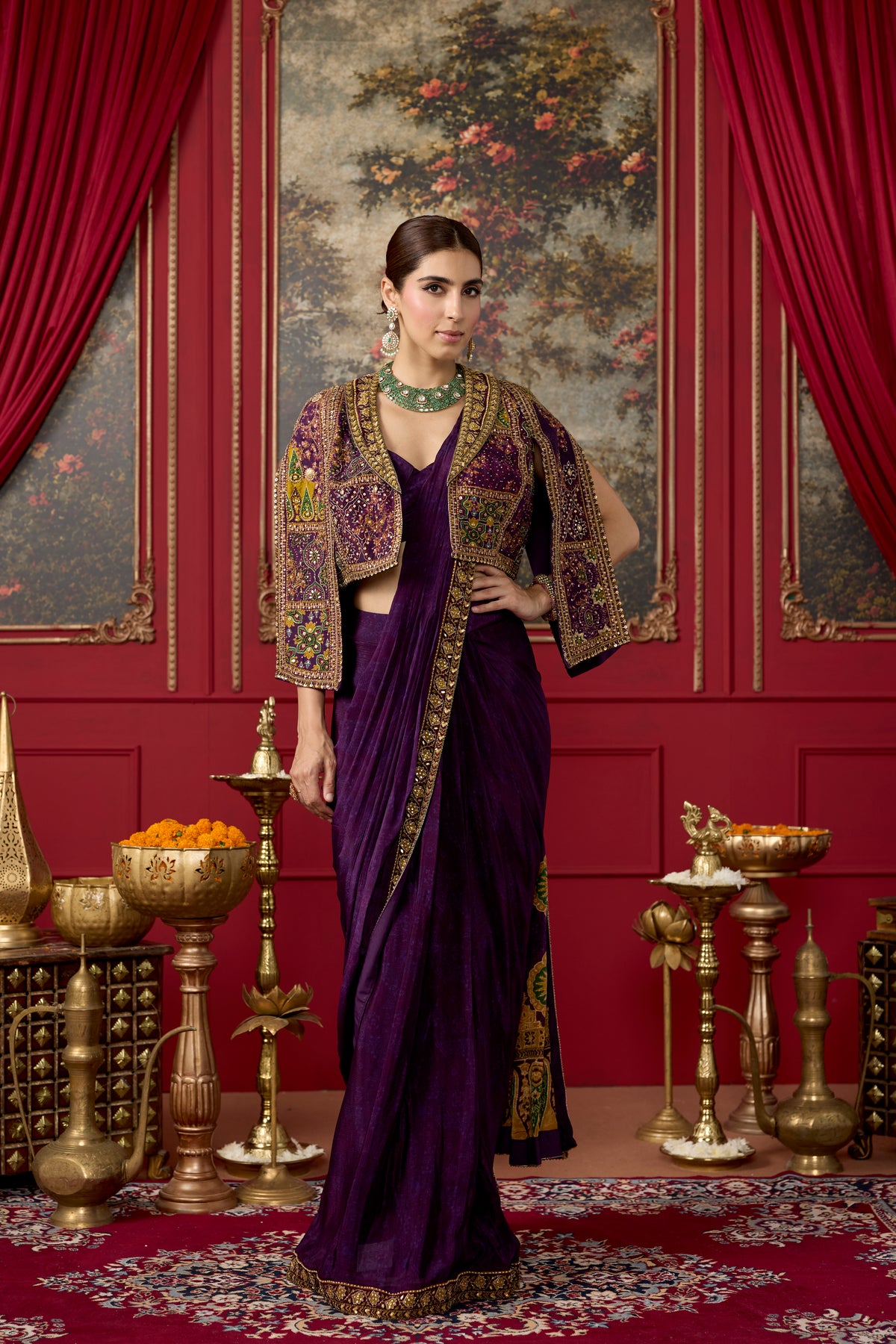 Deep Purple Embellished Chinon Silk Draped Skirt Saree