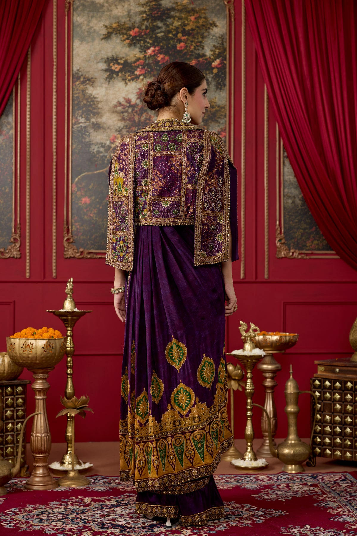 Deep Purple Embellished Chinon Silk Draped Skirt Saree