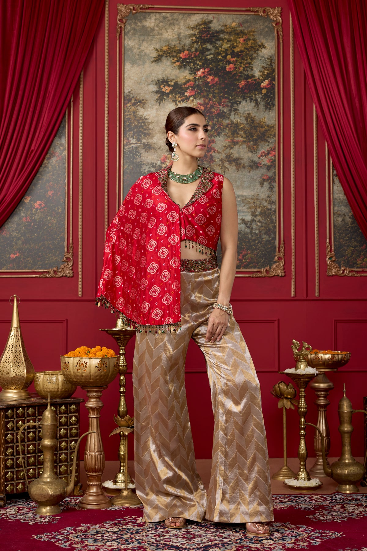 Red Embellished Chanderi Silk Palazzo Set