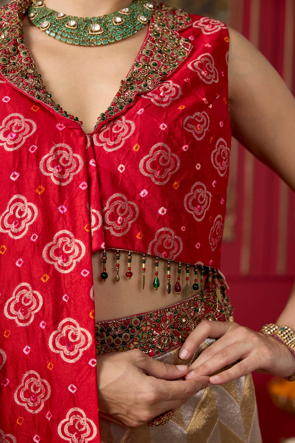 Red Embellished Chanderi Silk Palazzo Set