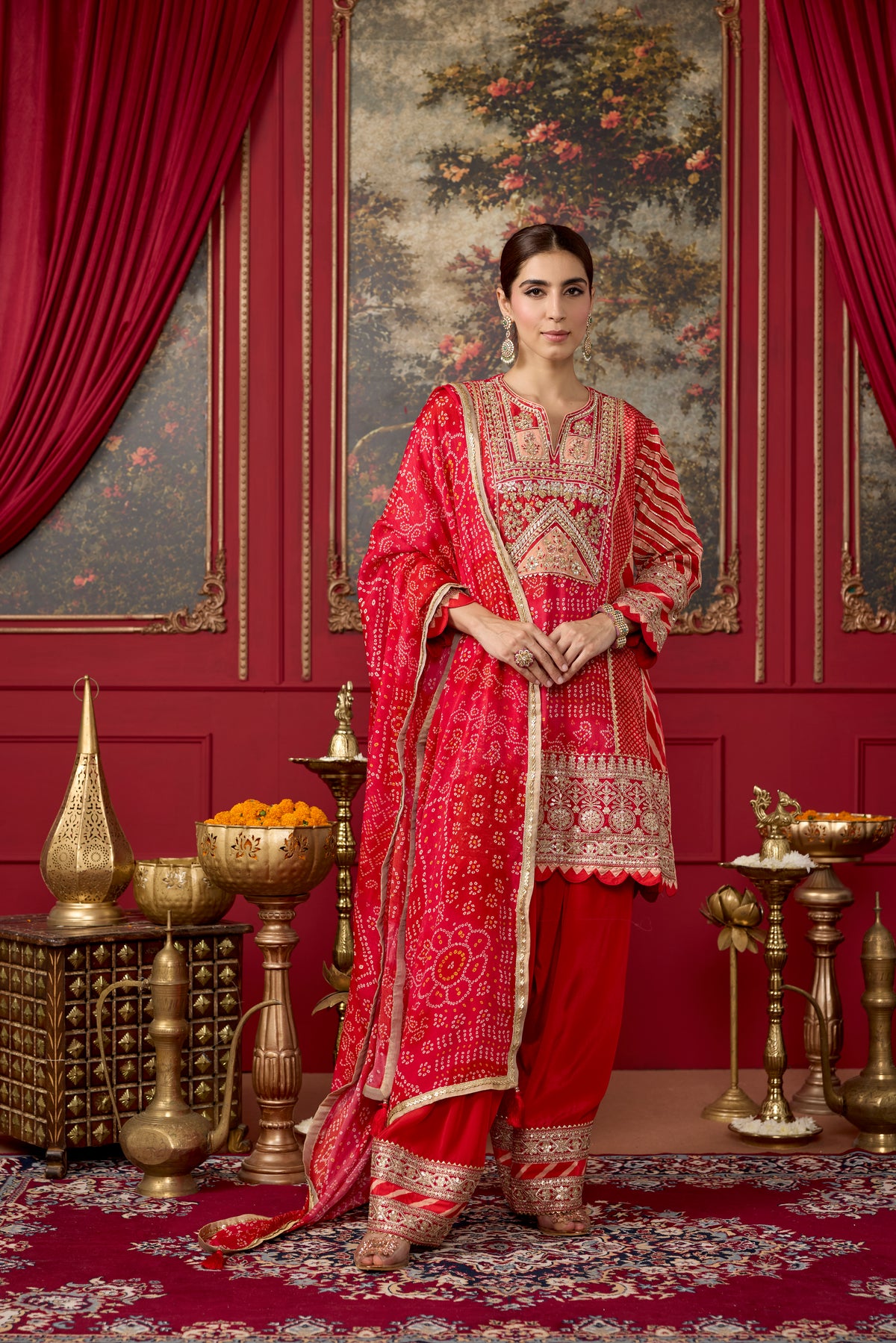 Red Embellished Crepe Satin Silk Kurta Set