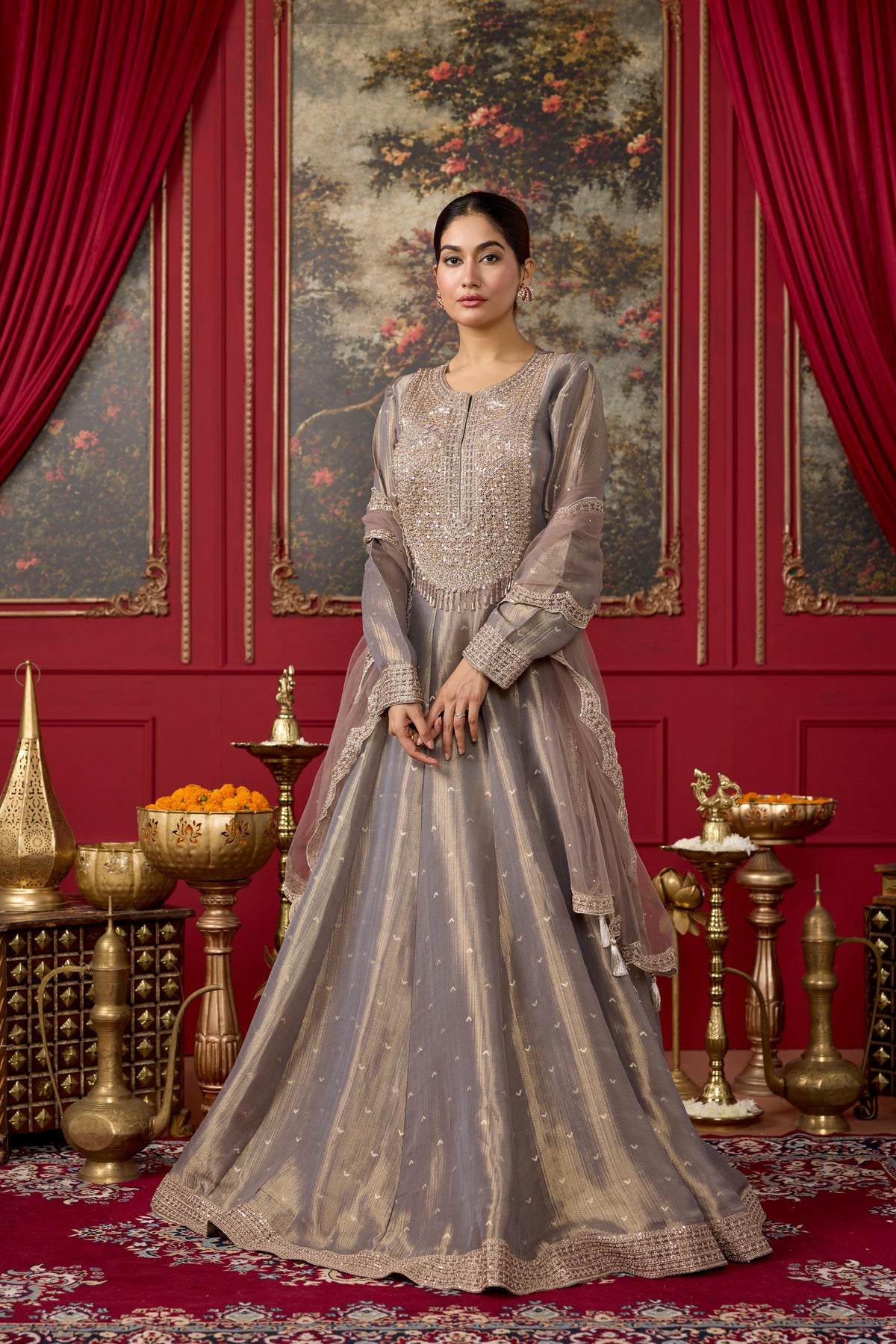Mauve Taupe Embellished Brocade Silk Anarkali Set
