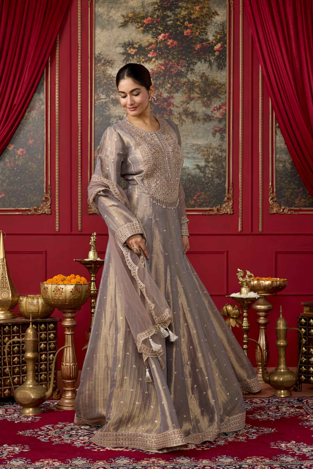 Mauve Taupe Embellished Brocade Silk Anarkali Set