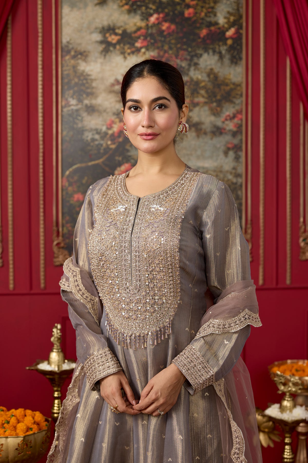Mauve Taupe Embellished Brocade Silk Anarkali Set