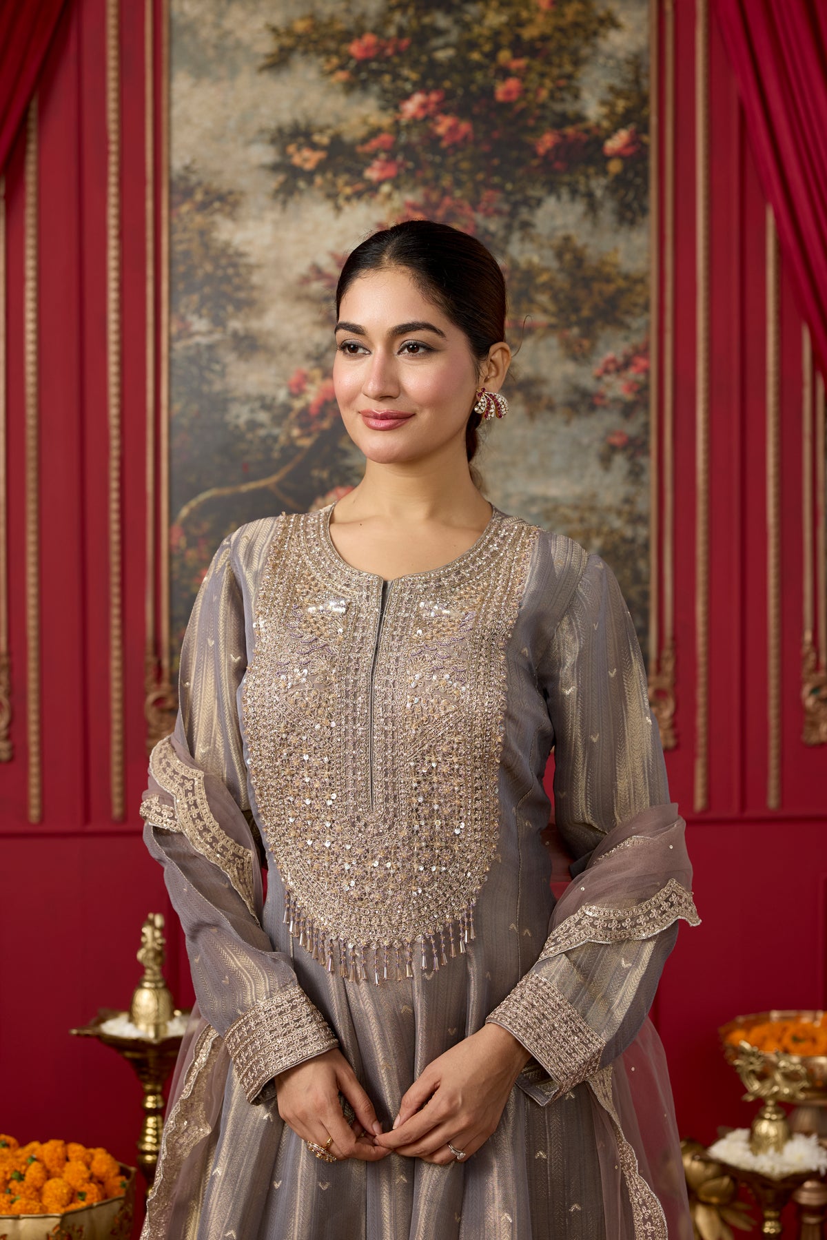 Mauve Taupe Embellished Brocade Silk Anarkali Set