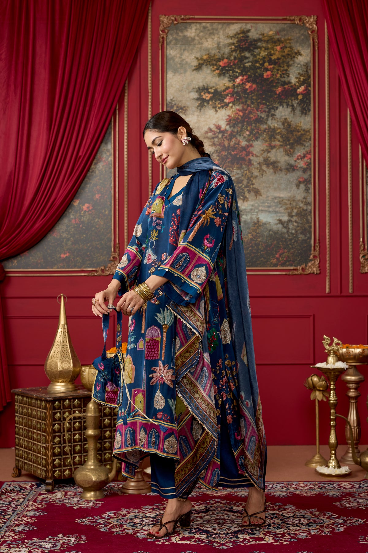 Royal Blue Embellished Crepe Silk Kurta Set