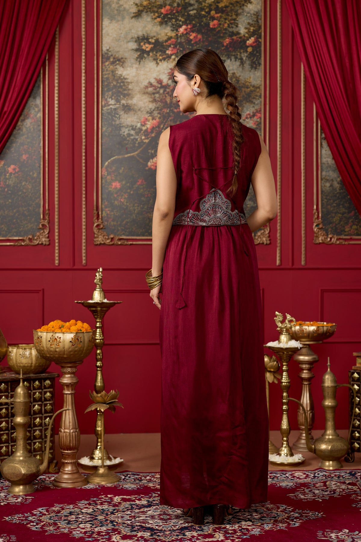 Wine Maroon Embellished Raw Silk Skirt Set