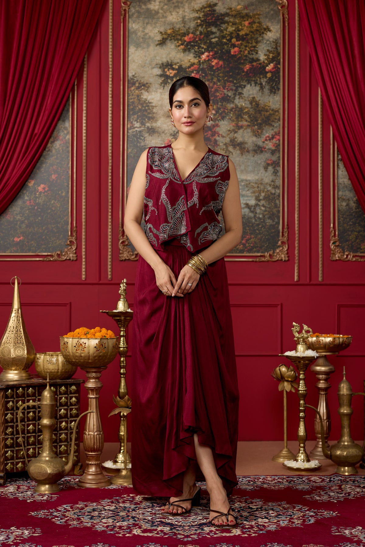 Wine Maroon Embellished Raw Silk Skirt Set