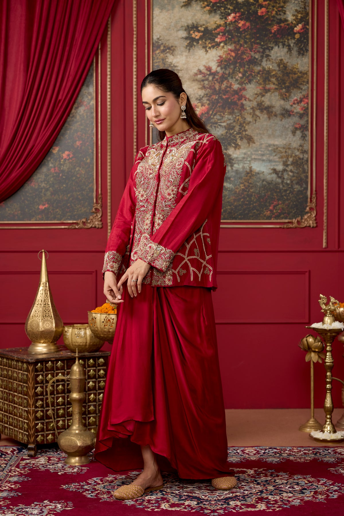 Deep Red Embellished Raw Silk Skirt Set