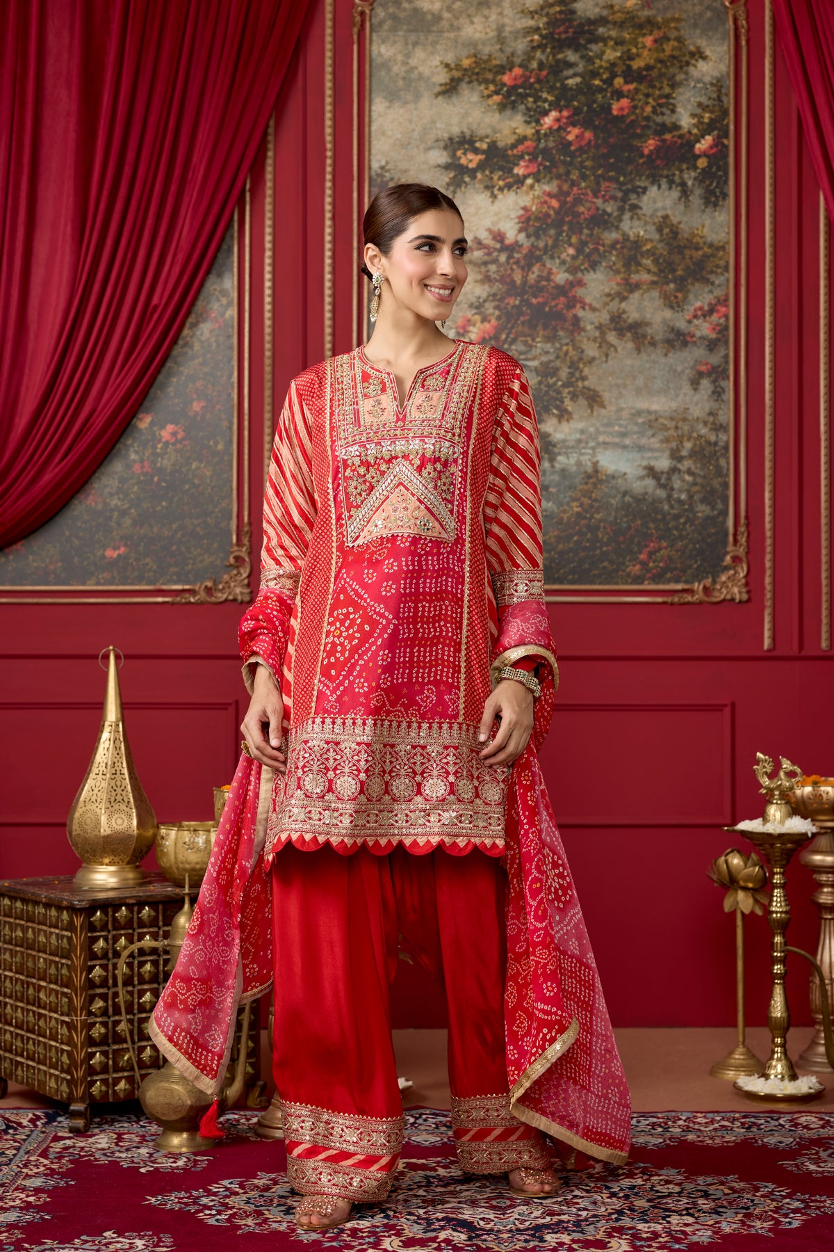 Red Embellished Crepe Satin Silk Kurta Set