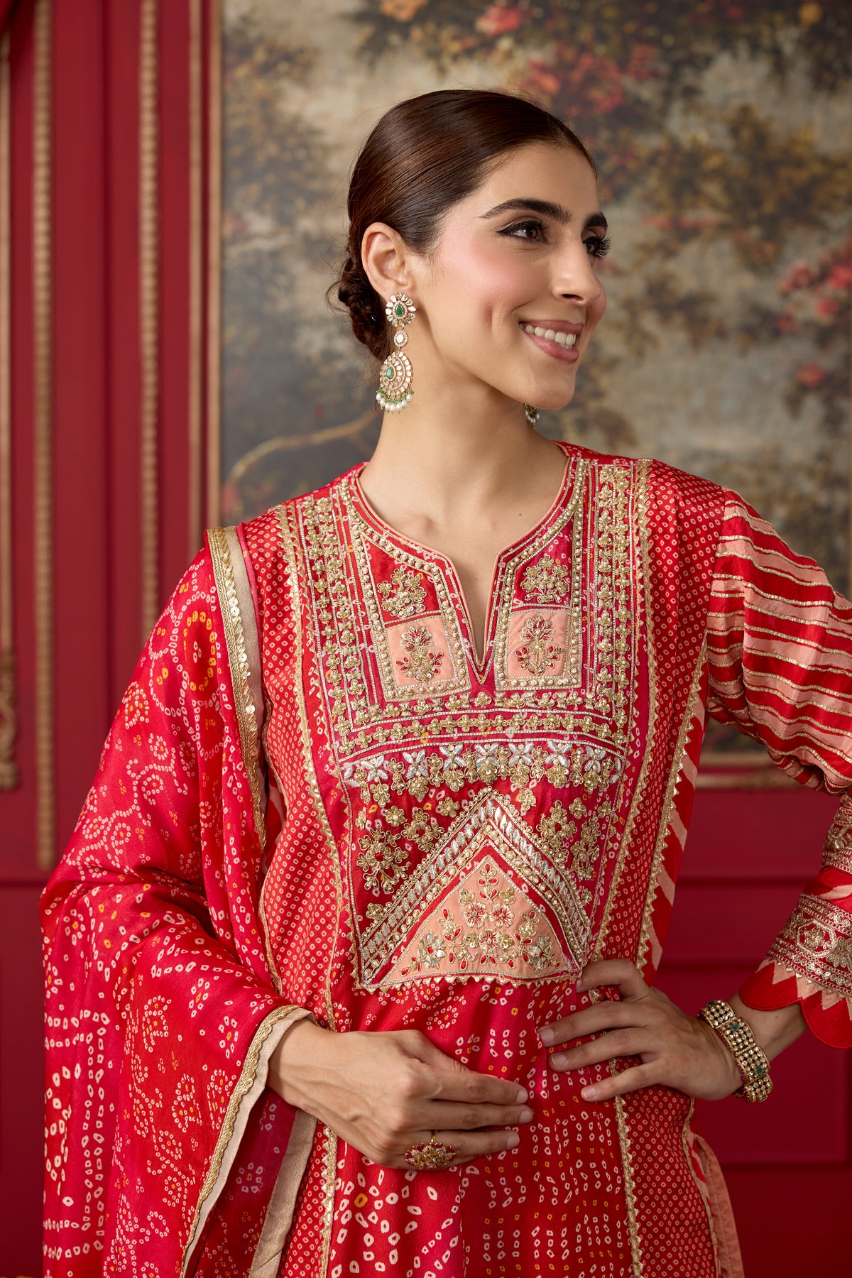 Red Embellished Crepe Satin Silk Kurta Set