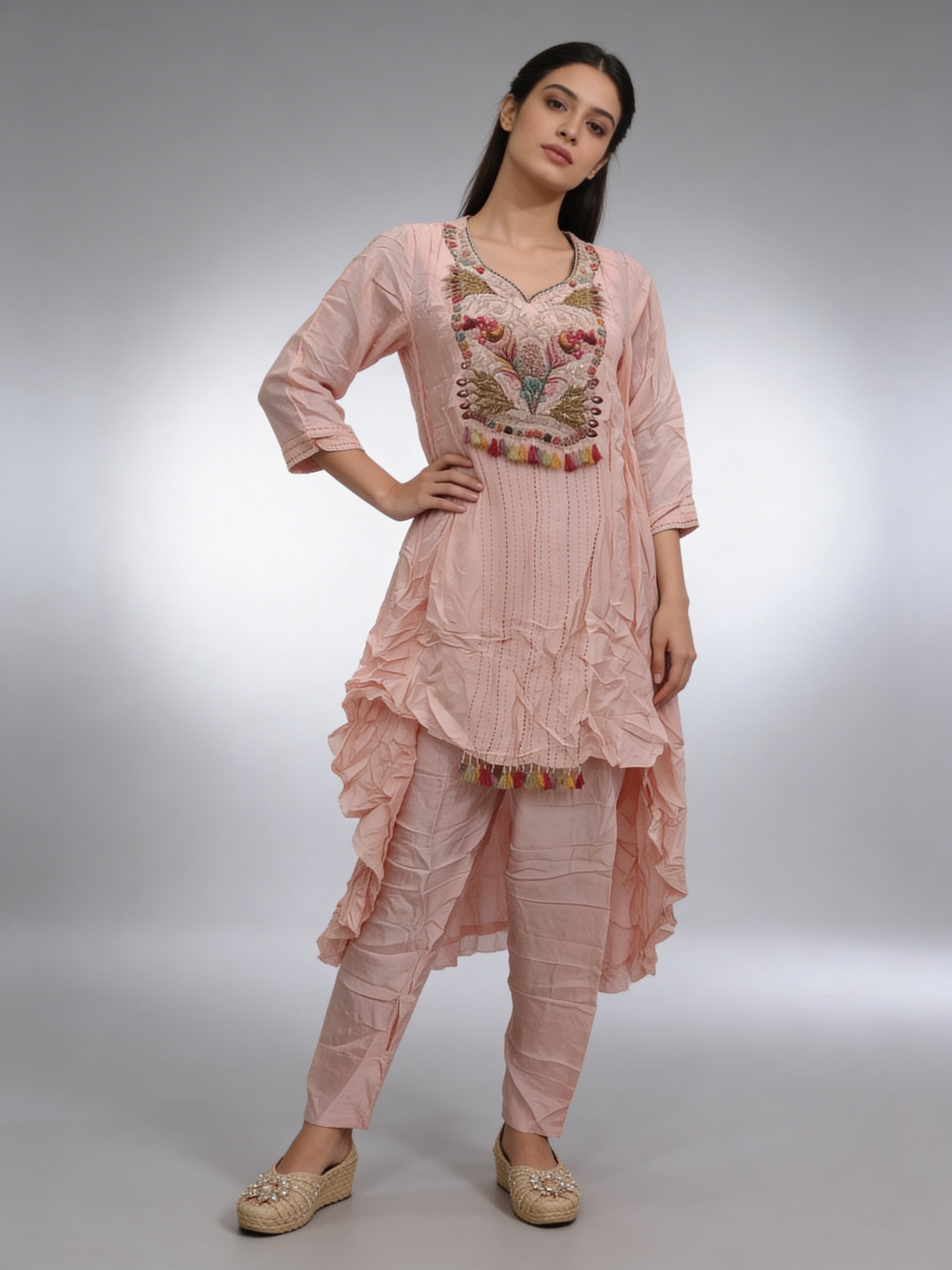 Blush Peach Embellished Raw Silk Asymmetrical Pant Set