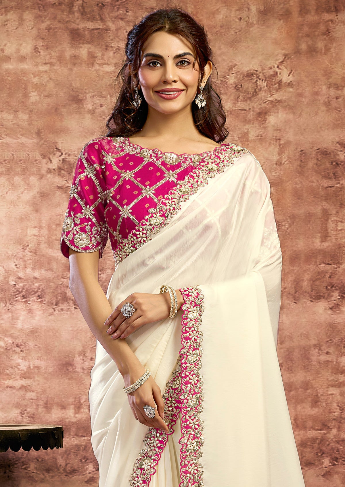 Ivory Rani Embellished Satin Silk Saree