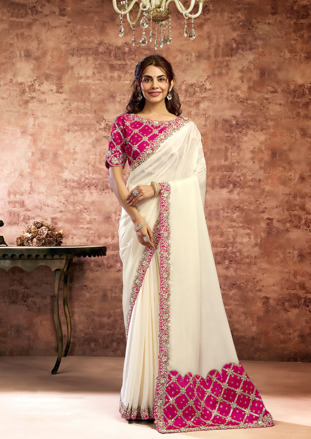 Ivory Rani Embellished Satin Silk Saree
