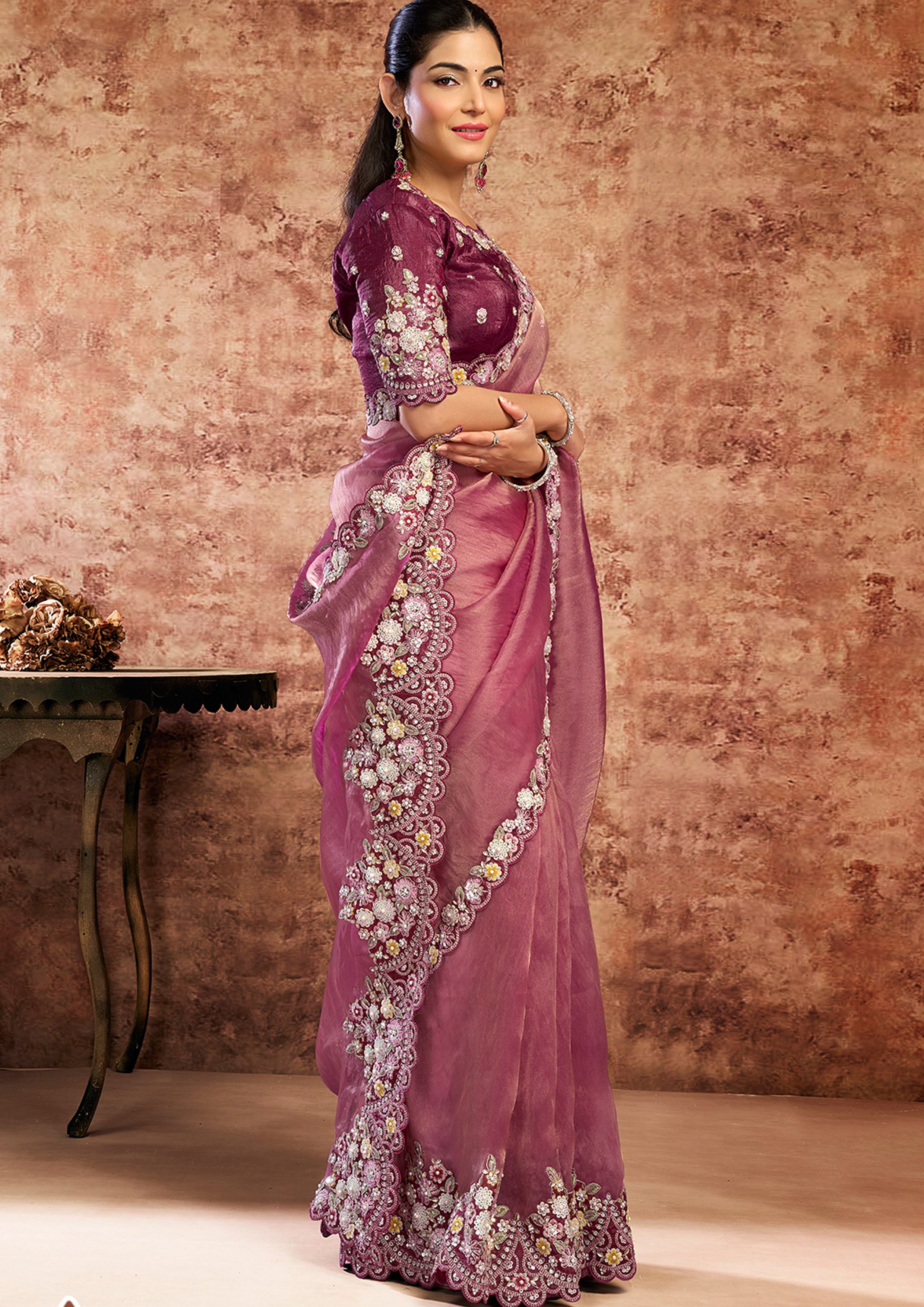 Mauve Pink Embellished Organza Satin Silk Saree