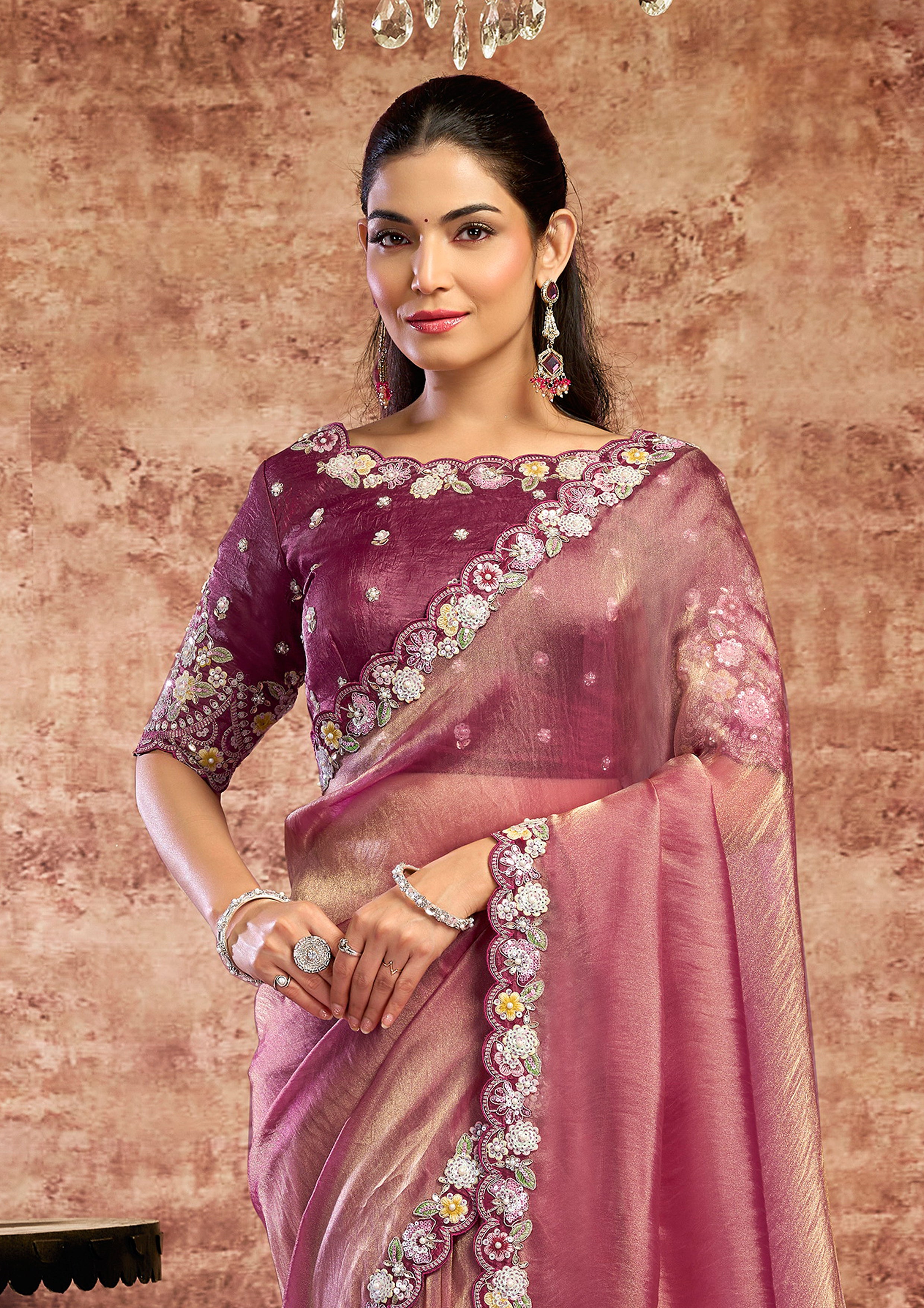 Mauve Pink Embellished Organza Satin Silk Saree