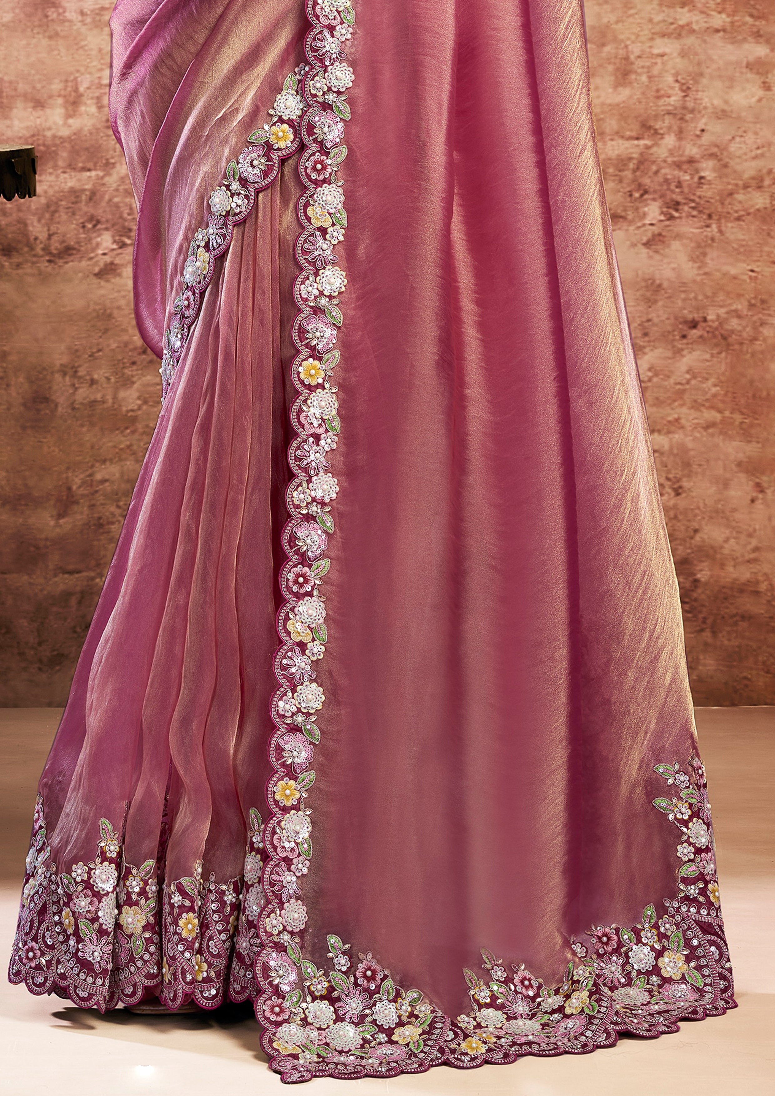 Mauve Pink Embellished Organza Satin Silk Saree