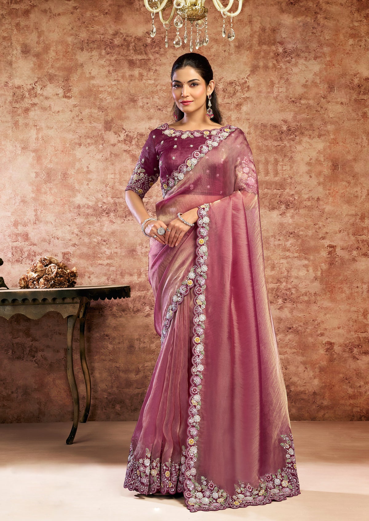 Mauve Pink Embellished Organza Satin Silk Saree