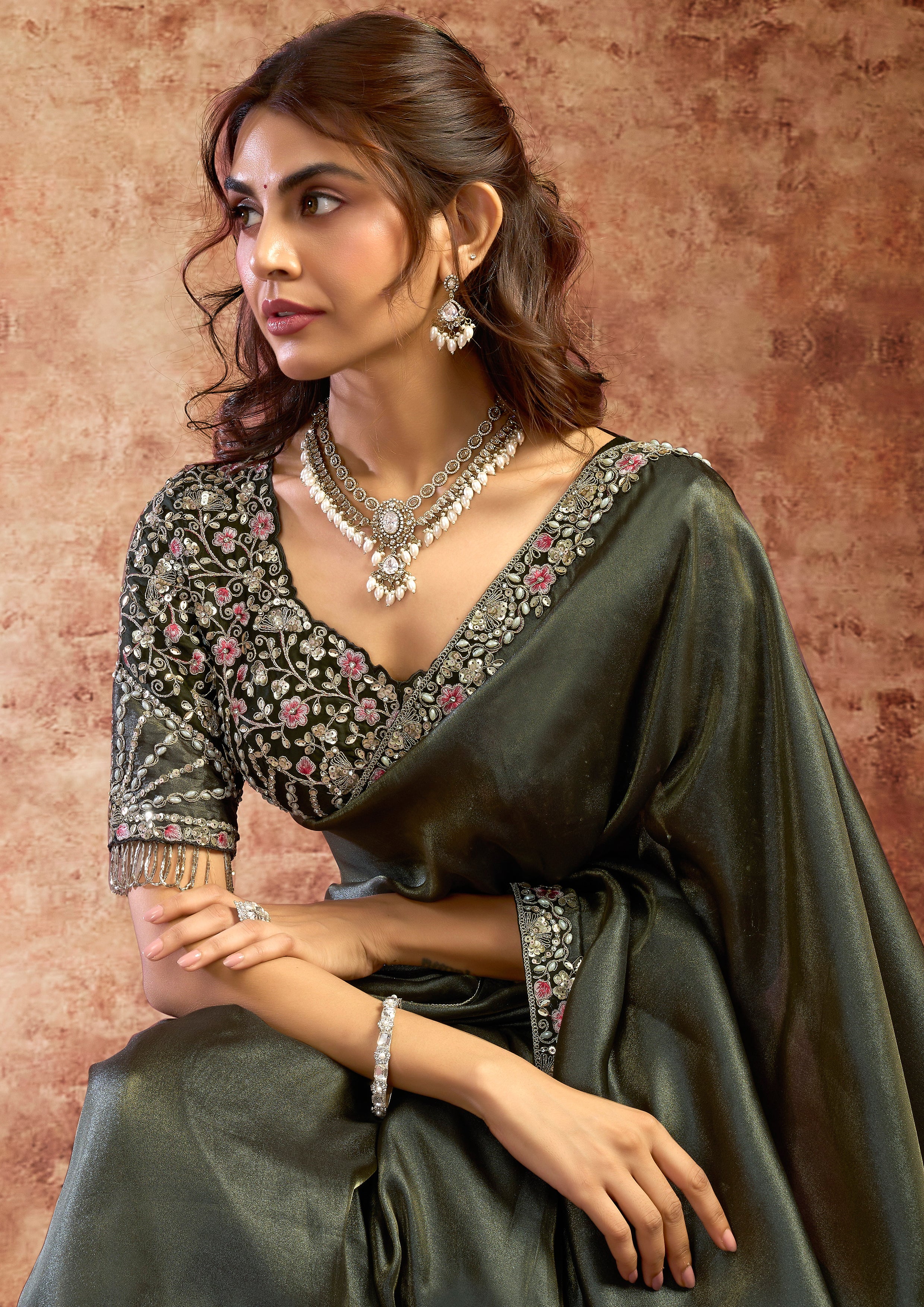 Charcoal Grey Embellished Organza Satin Silk Saree