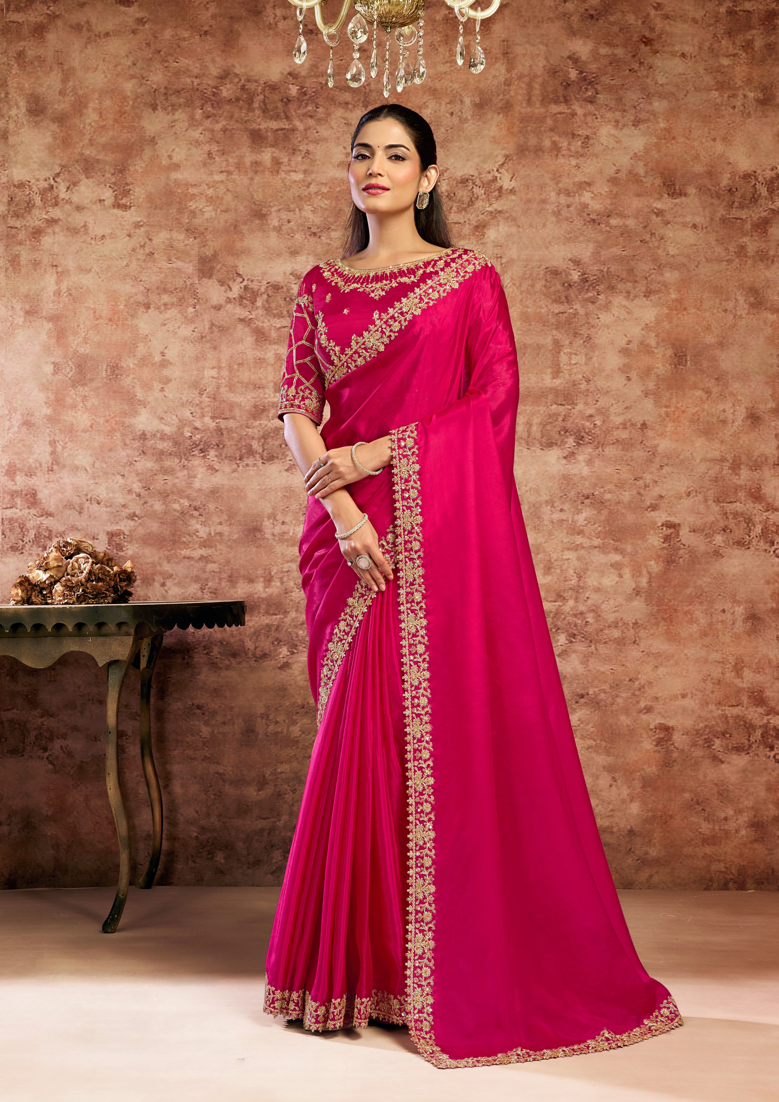 Vibrant Magenta Embellished Upadda Silk Saree