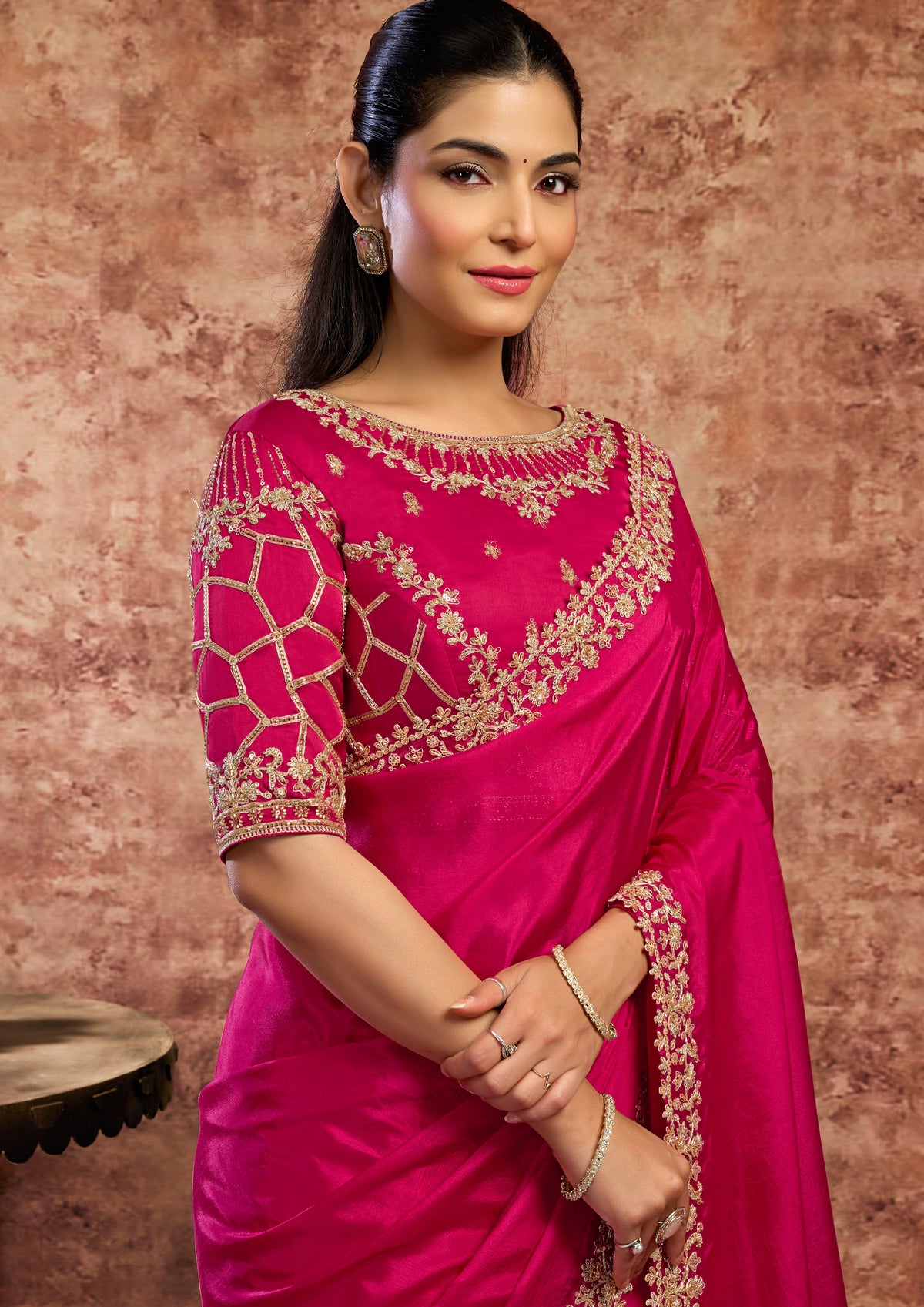 Vibrant Magenta Embellished Upadda Silk Saree
