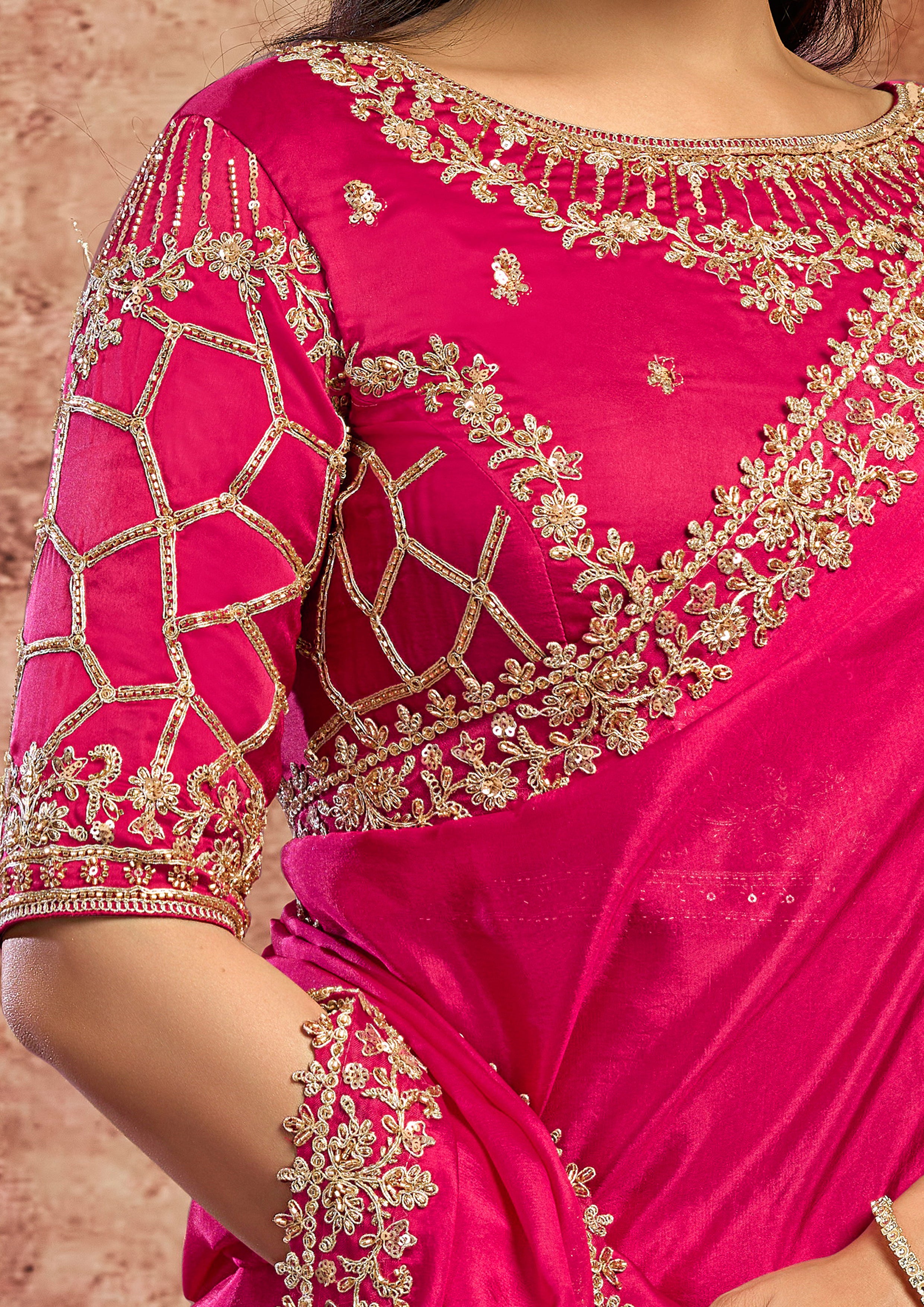 Vibrant Magenta Embellished Upadda Silk Saree