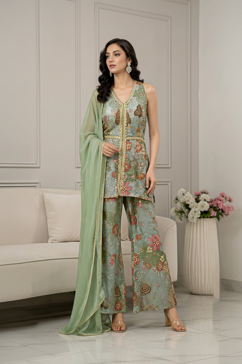 Mint Mist Embellished Crepe Silk Palazzo Set