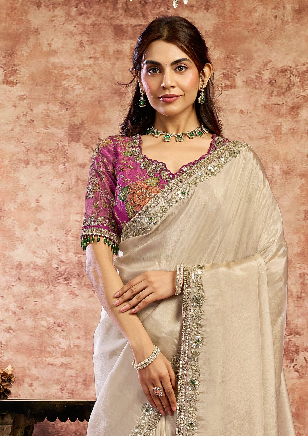Champagne Beige Embellished Upadda Silk Saree