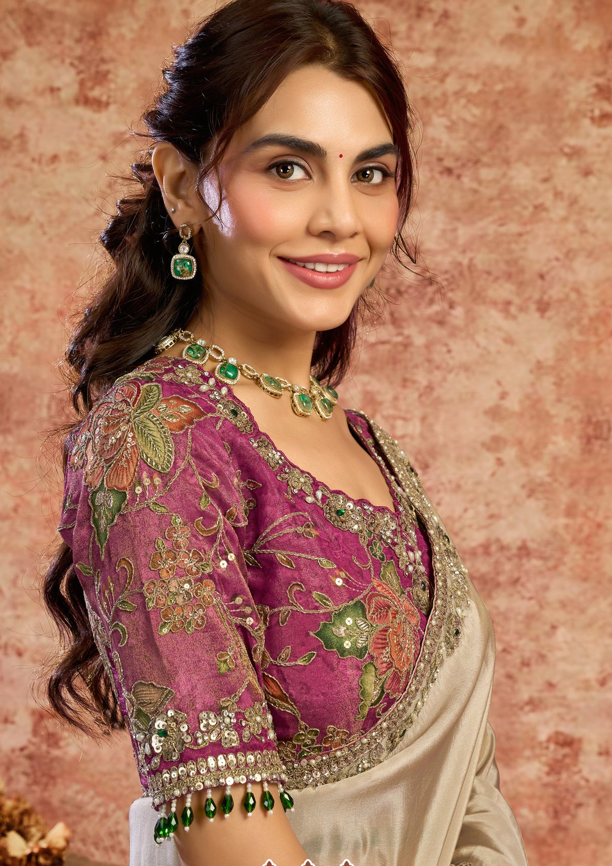 Champagne Beige Embellished Upadda Silk Saree