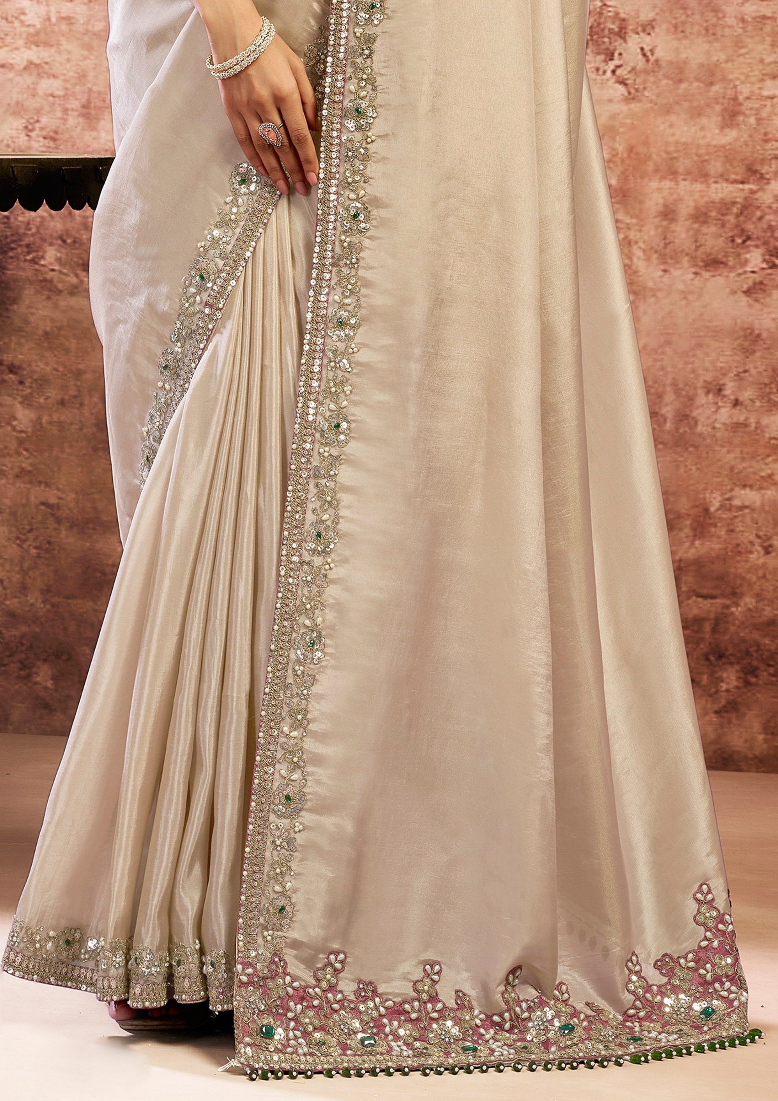 Champagne Beige Embellished Upadda Silk Saree
