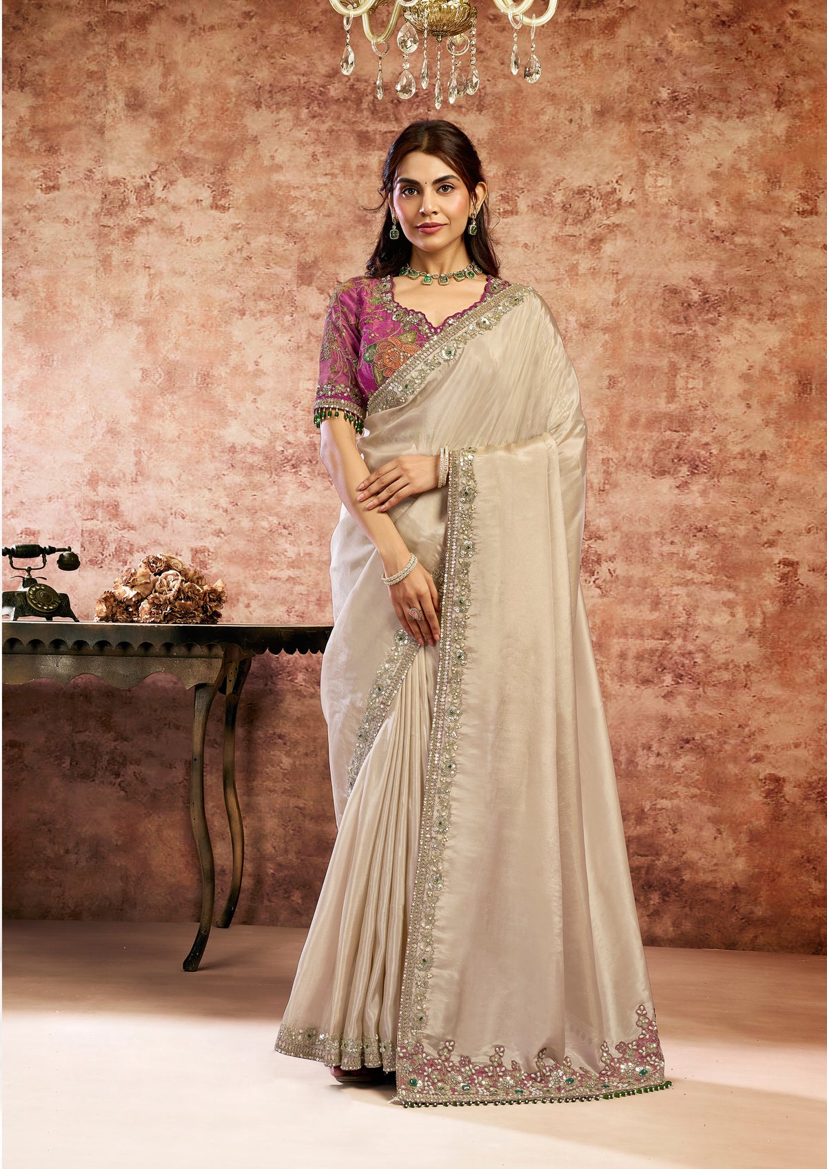 Champagne Beige Embellished Upadda Silk Saree