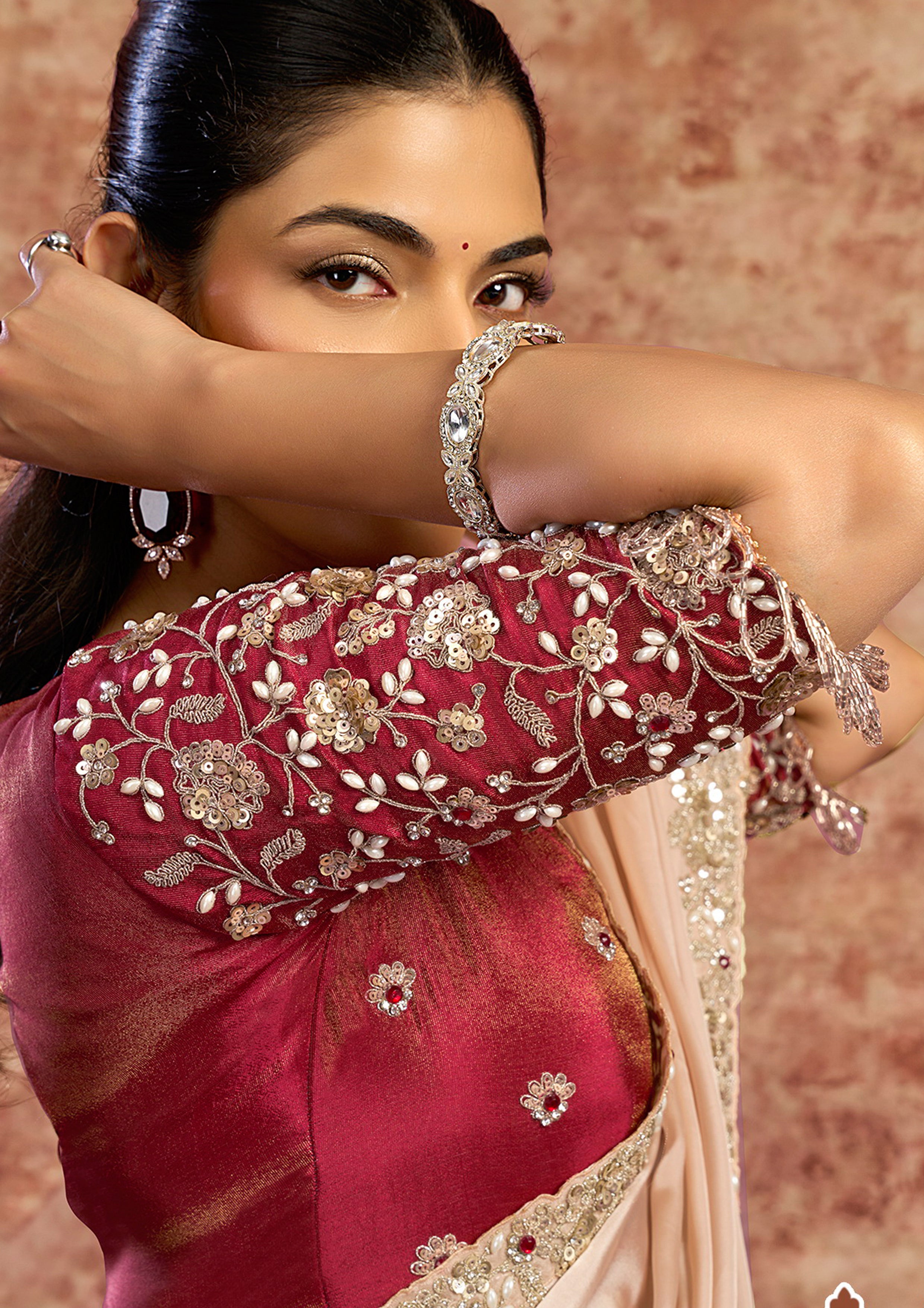 Blush Peach Embellished Satin Silk Saree
