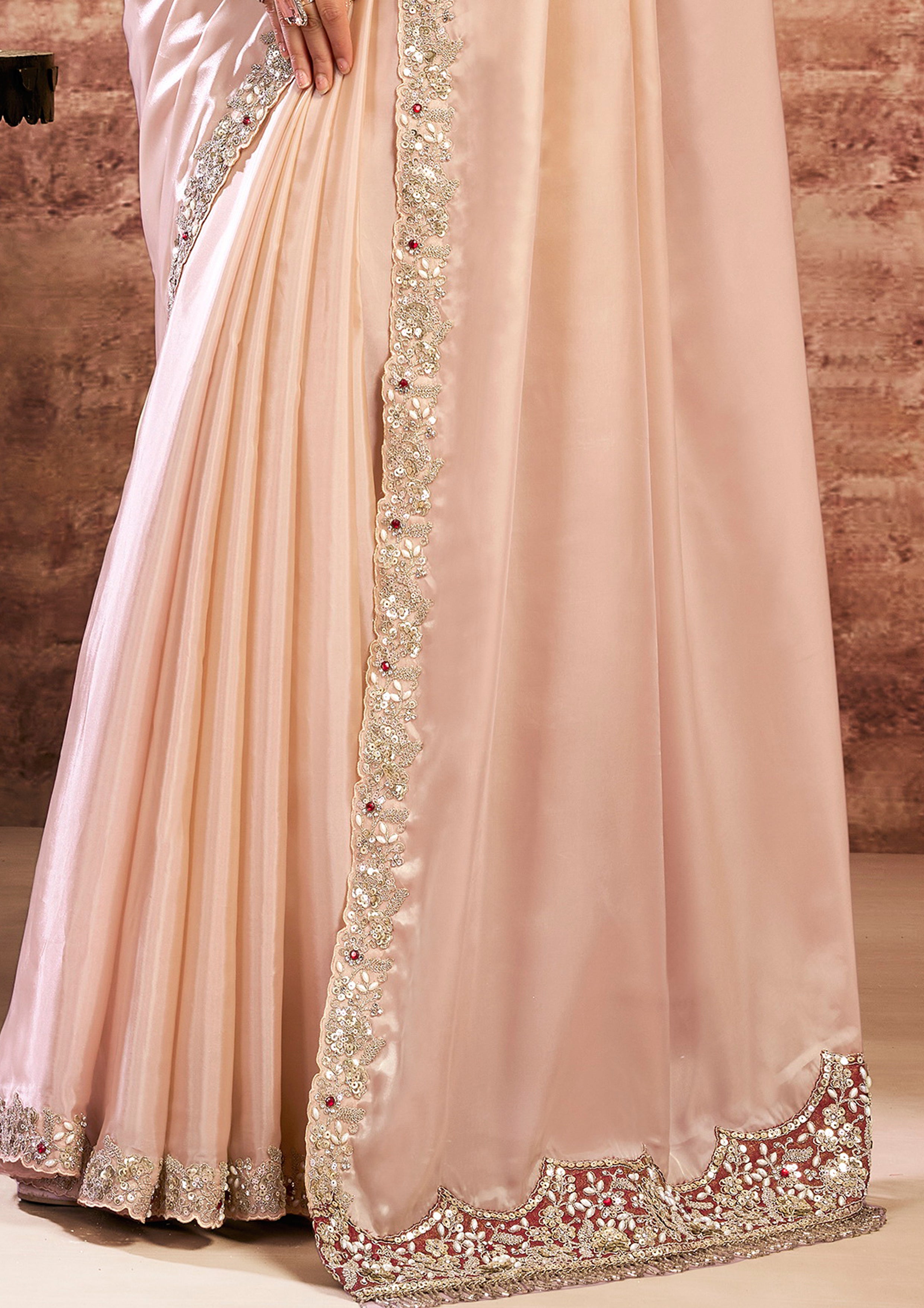 Champagne Peach Embellished Satin Silk Saree