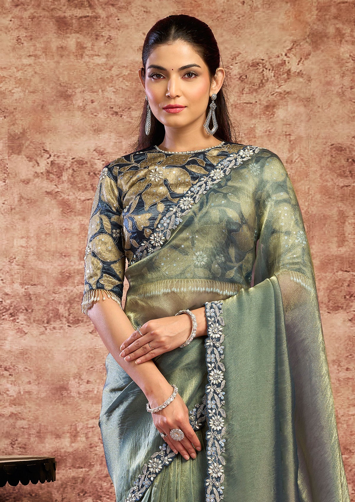 Sage Teal Embellished Organza Satin Silk Saree