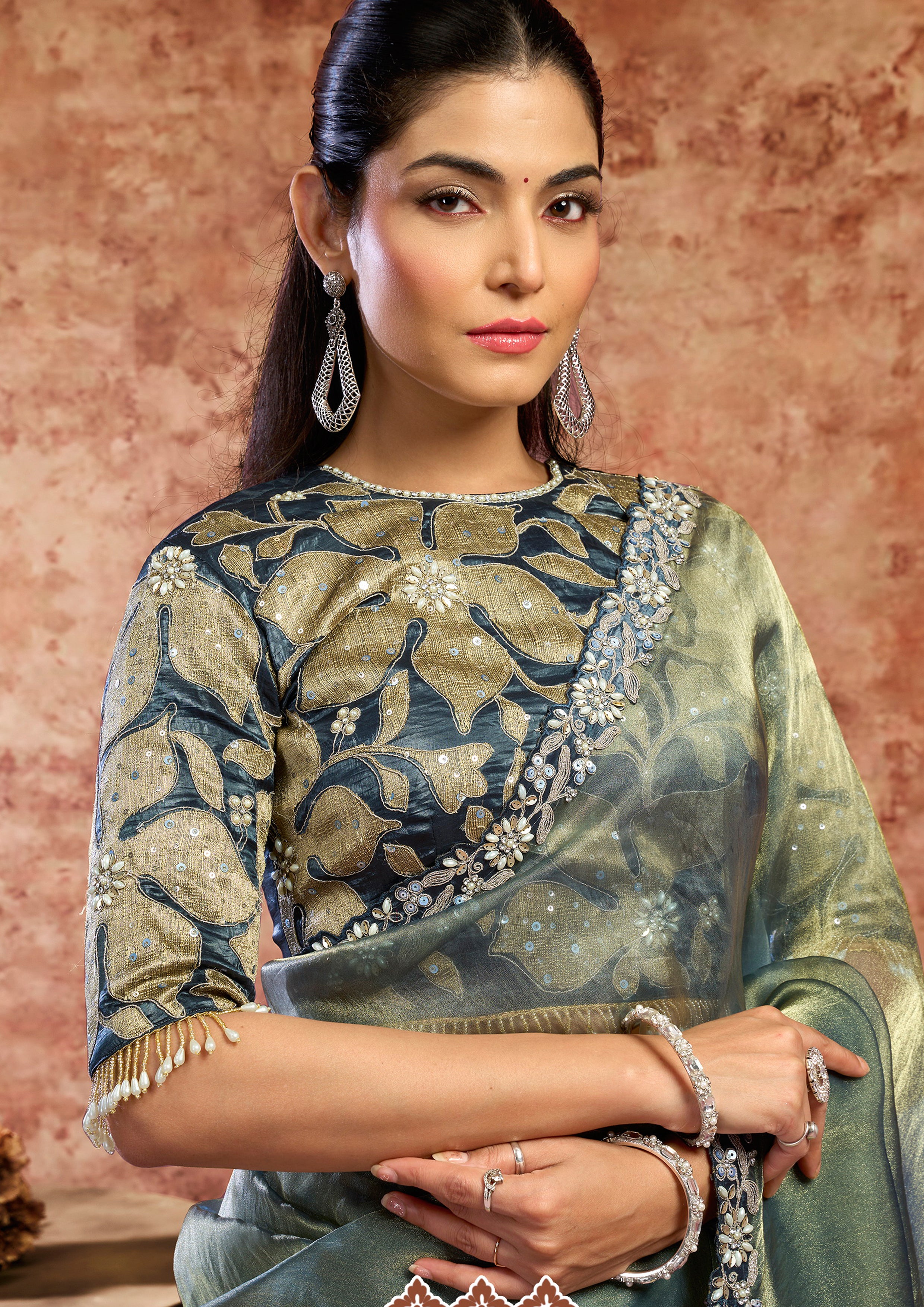 Sage Teal Embellished Organza Satin Silk Saree