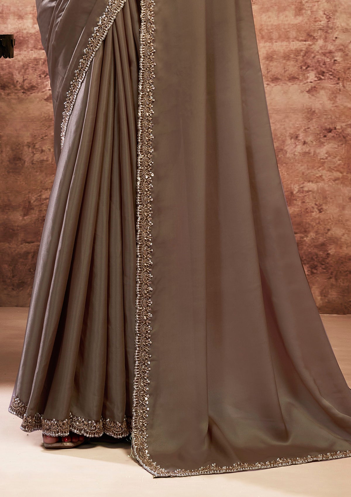 Brown Mocha Embellished Satin Silk Saree