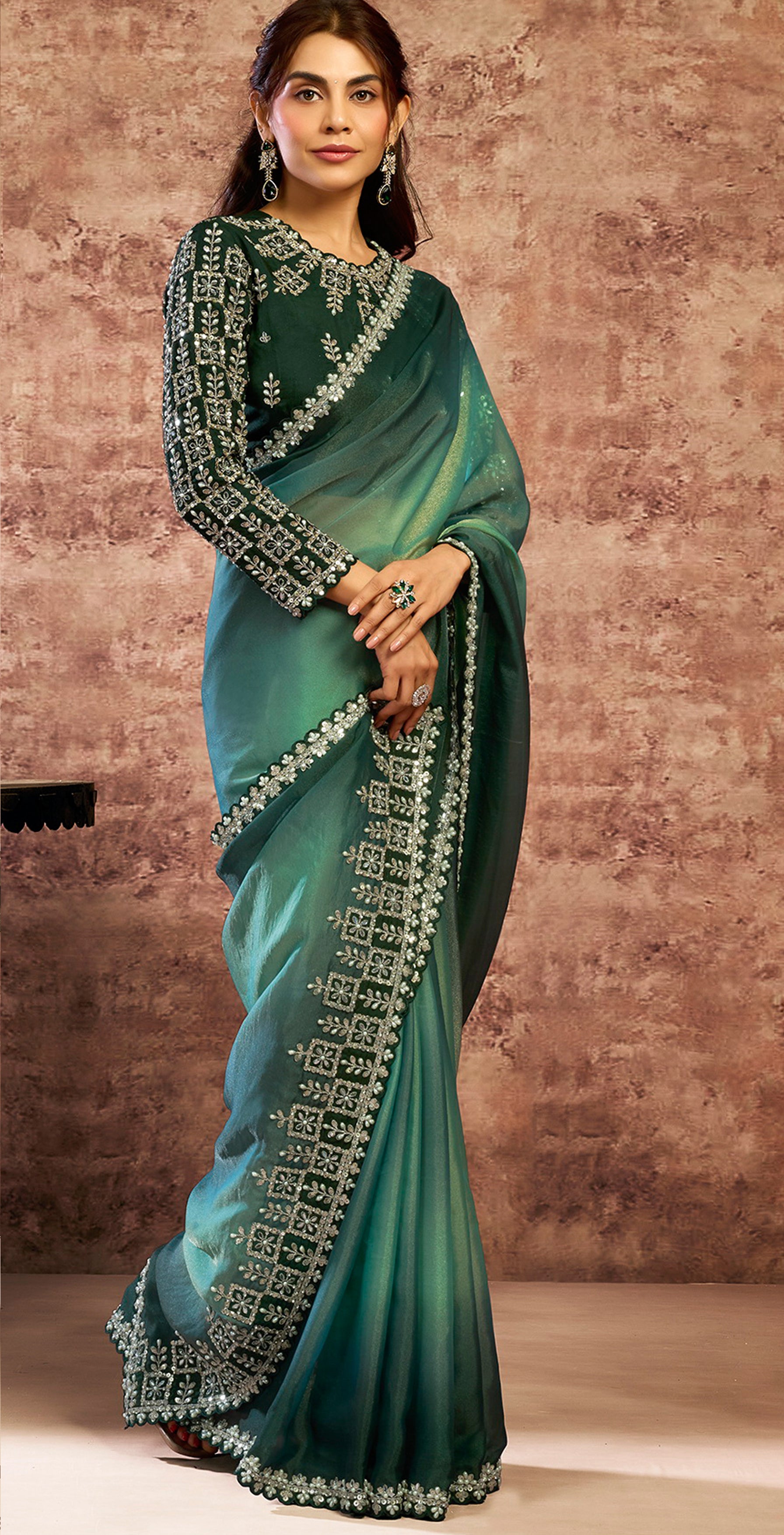 Ombré Green Embellished Soft Georgette Saree