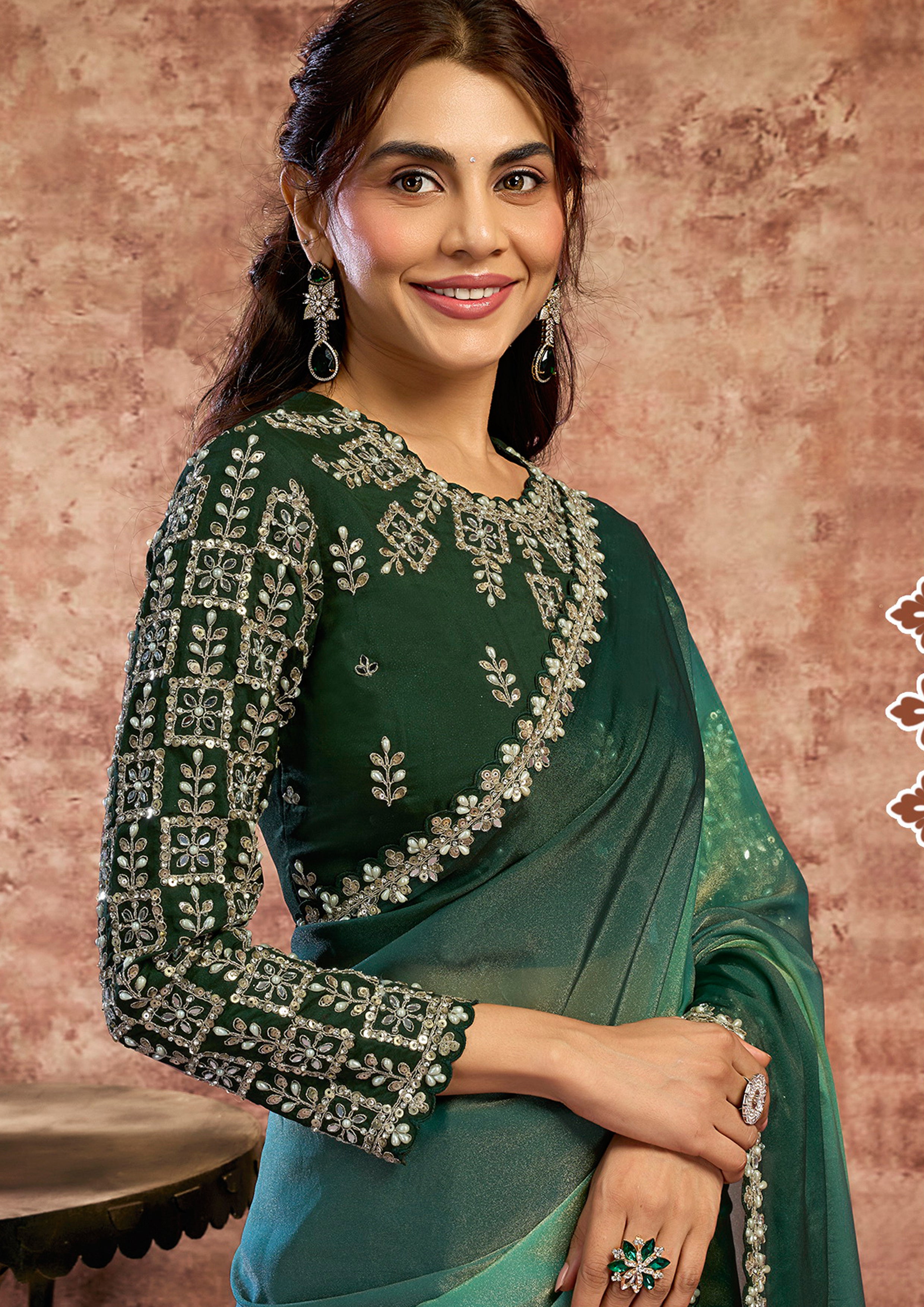 Ombré Green Embellished Soft Georgette Saree