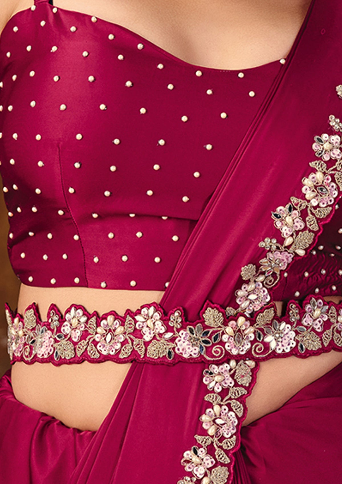 Rani Pink Embellished Satin Silk Saree