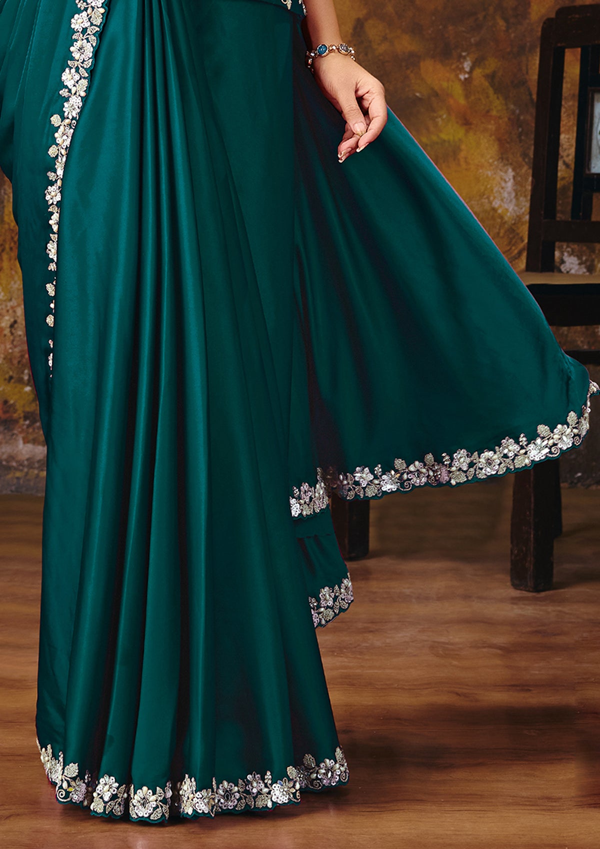 Teal Green Embellished Satin Silk Saree